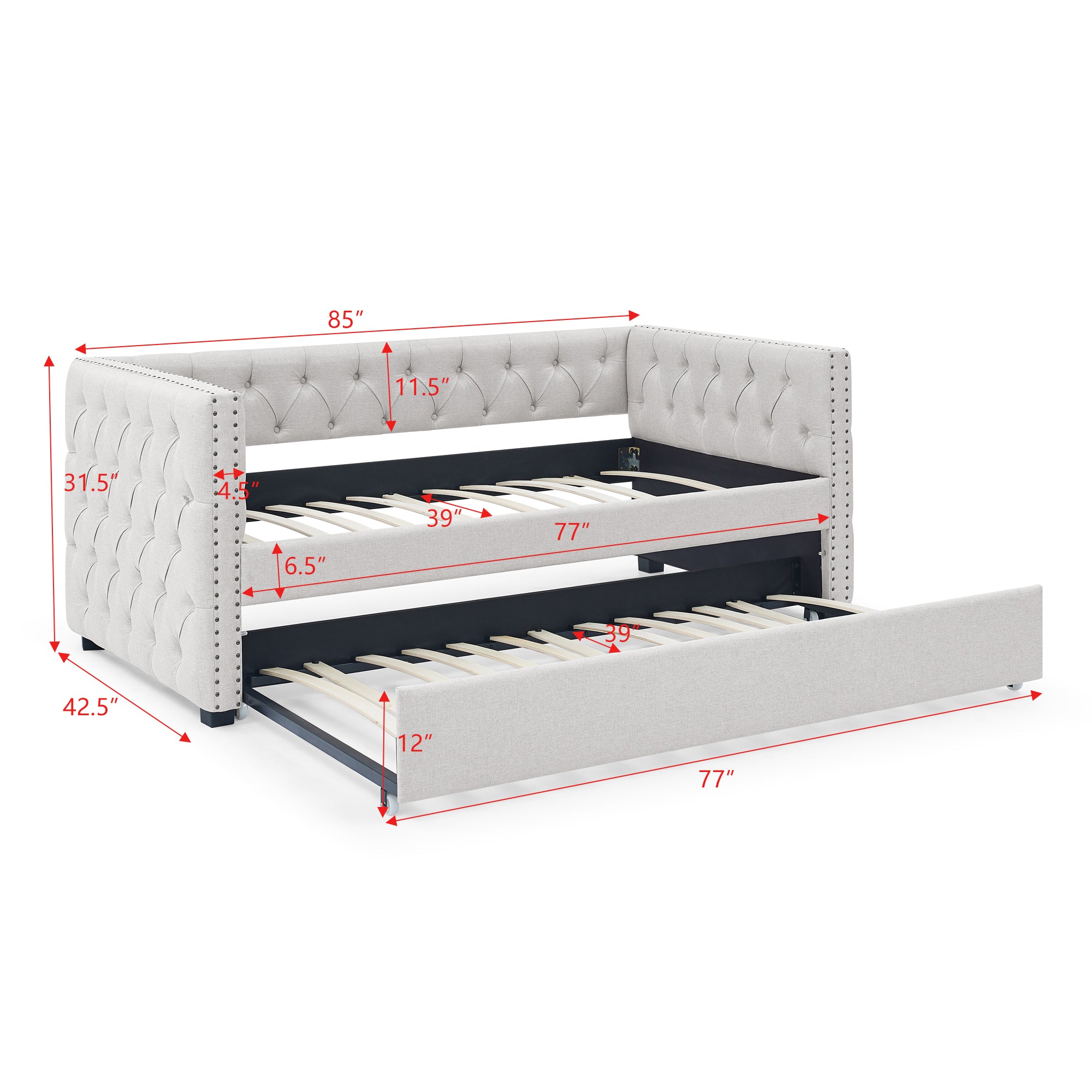 Daybed with Trundle Upholstered Tufted Sofa Bed, with Button and Copper Nail on Square Arms,both Twin Size, Beige(85"x42.5"x31.5")