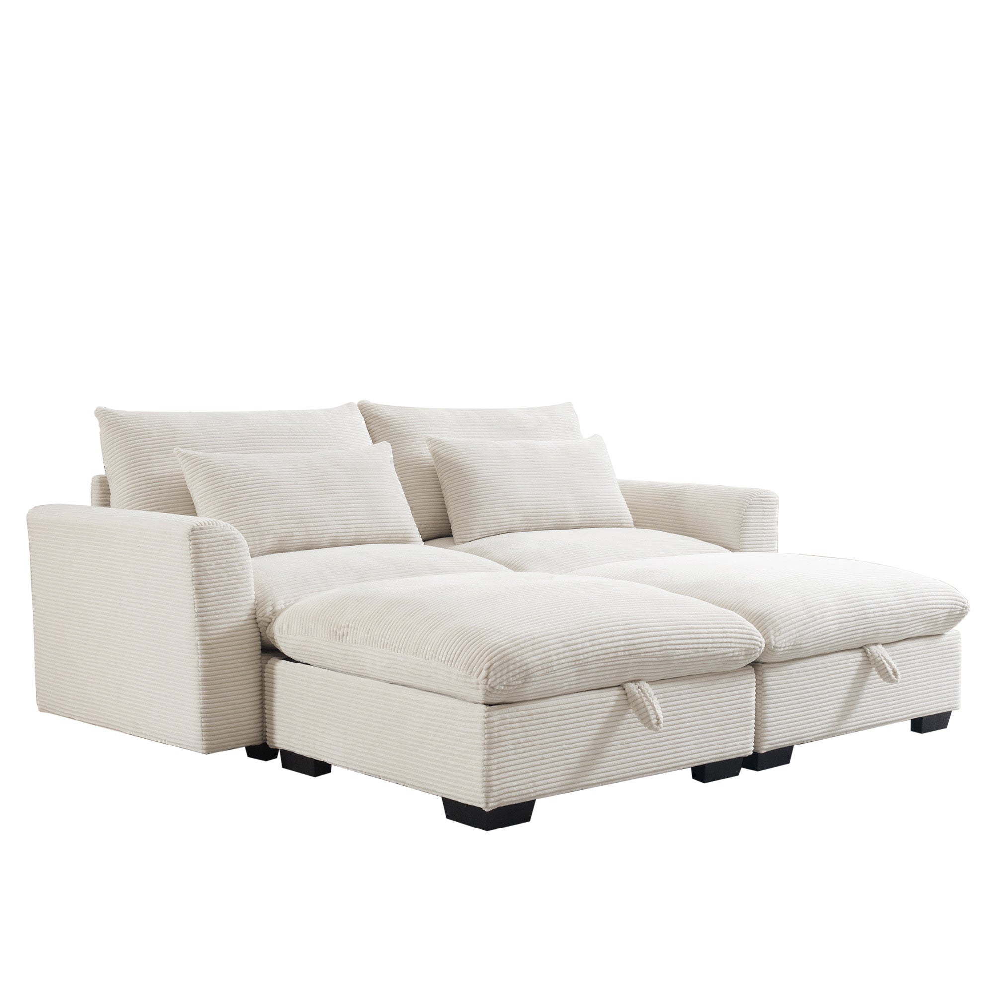 Corduroy Two-Seater Sofa with 2 Storage Footrest, 2 Seater Sectional  deep seat sofa,Comfy Couches for Living Room ,Beige Sofa