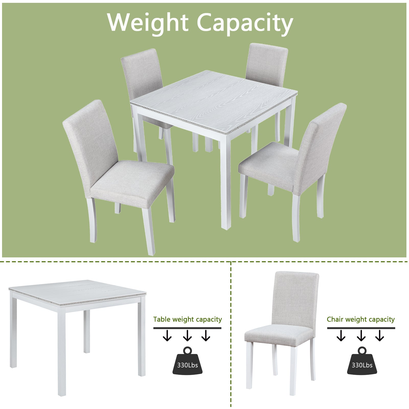 5 Piece Wooden Dining Table Set, Kitchen Table Set with a Square Table and 4 Upholstered Chairs, Wooden Dining Room Table with Crystal Decoration and Chairs Set for Kitchen, Dining Room, White