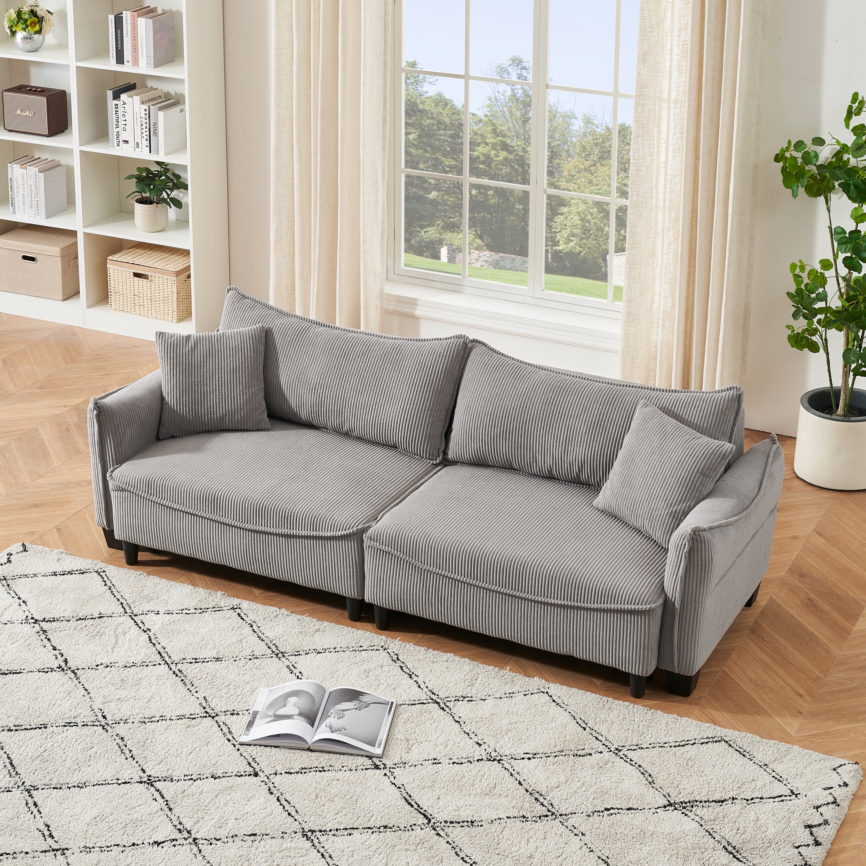 87.8" Gray Corduroy Sofa Bed with Two Pillows - Ideal 3-Seater Design for Living Room