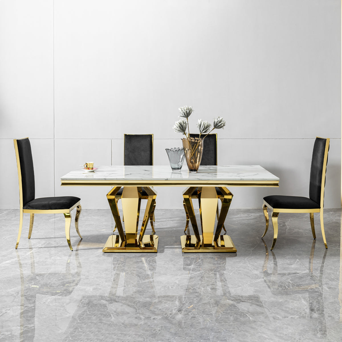 Rectangular Dining Table with Gold Polished Stainless Steel Base & MDF Marble Top for 6 - 8