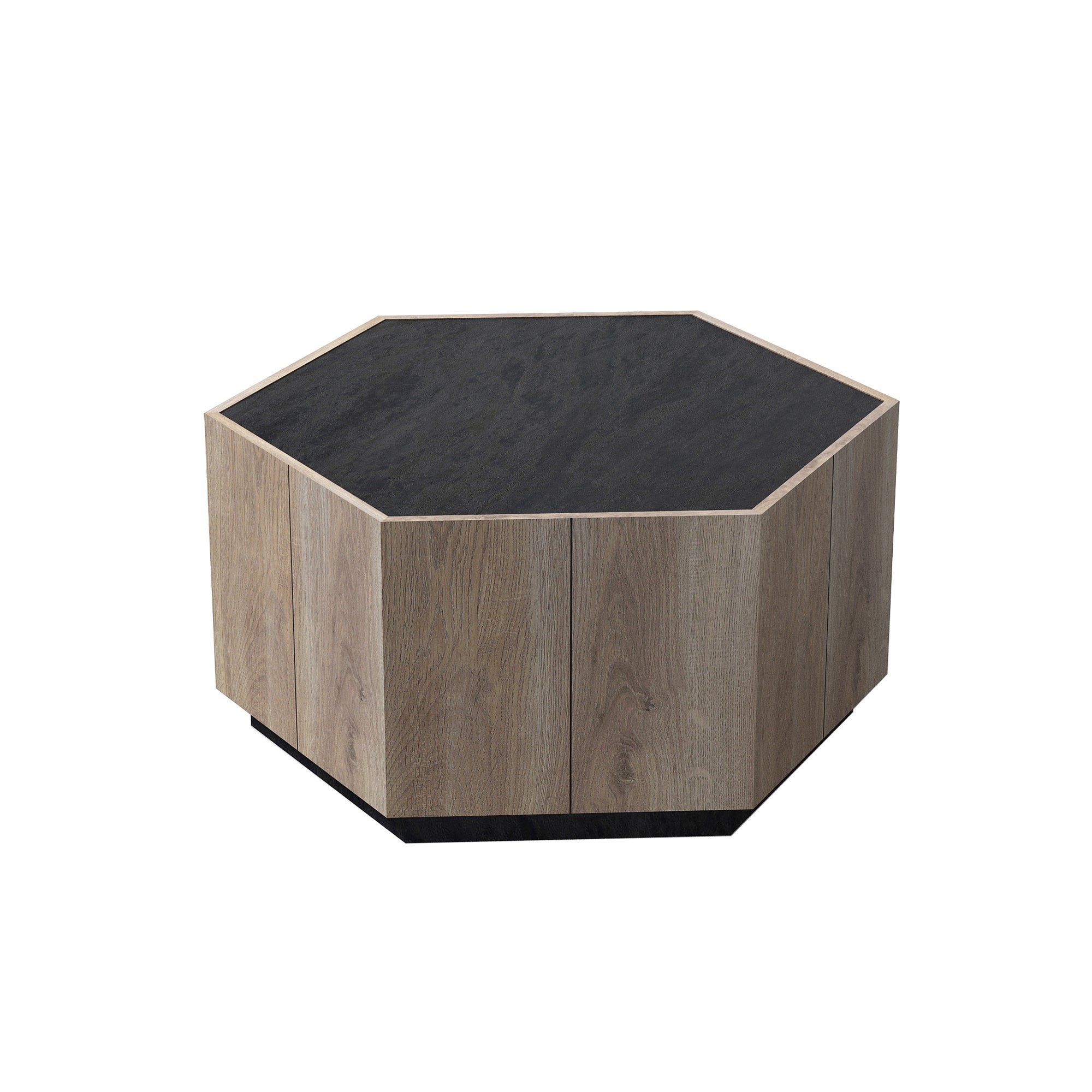 Hexagonal Rural Style Garden Retro Living Room Coffee Table with 2 drawers, Textured Black + Warm Oak