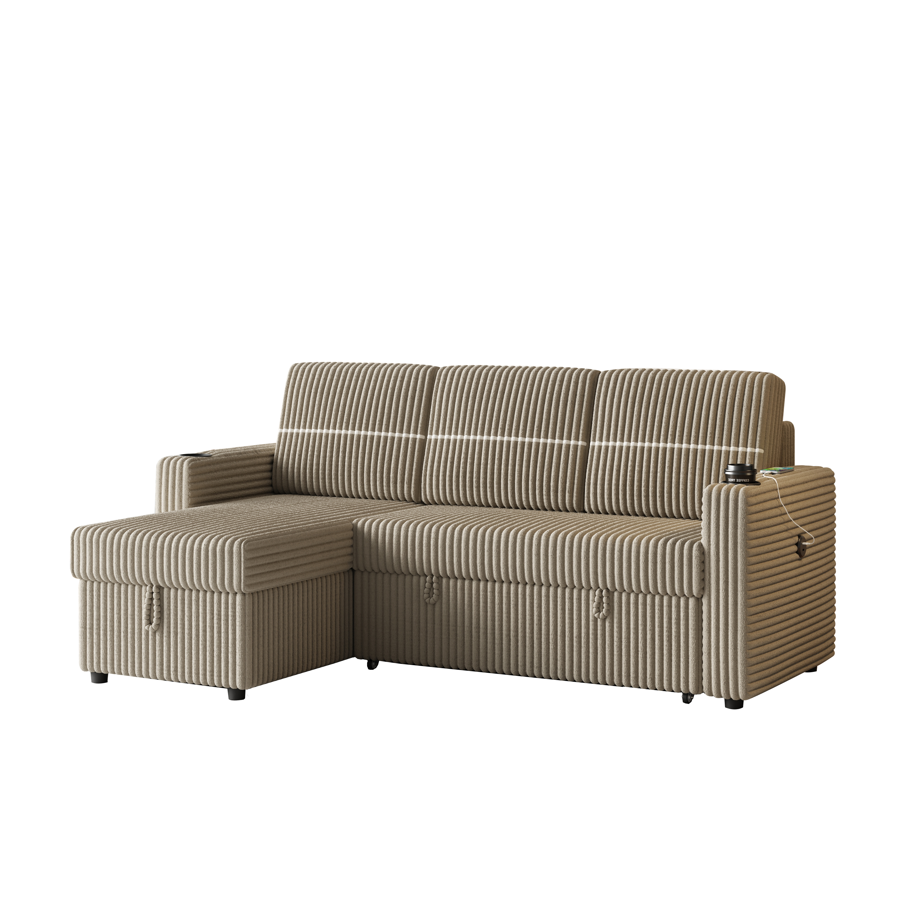 85 Inches Corduroy Sofa Bed, 3 Seater Sleeper Sofa with Storage Chaise, Square Handrail With Two Cup-holder And USB Charge Port, Pull Out Couch for Living Room