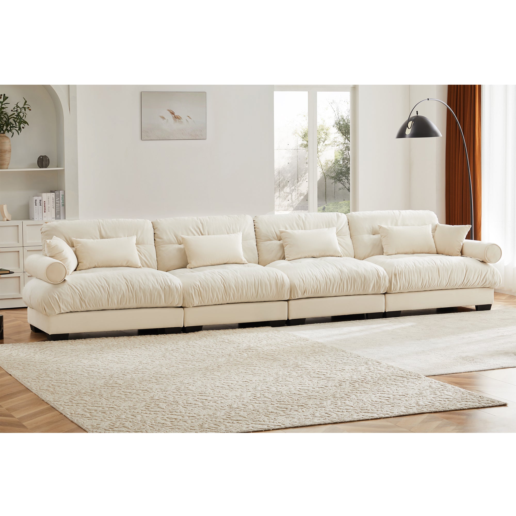 Oversized 4-Seater Velvet Sectional Sofa with Ottoman, Deep Seat Cloud Couch for Living Room, Cream