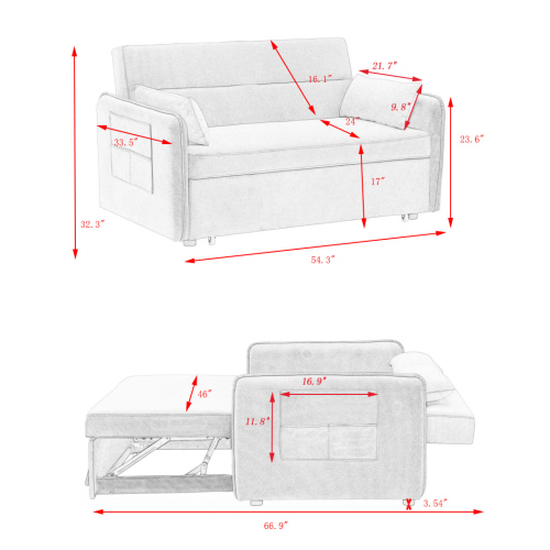 Modern 54" Gray Pull-Out Sofa With Two Pillows Velvet Loveseat For Small Living Room