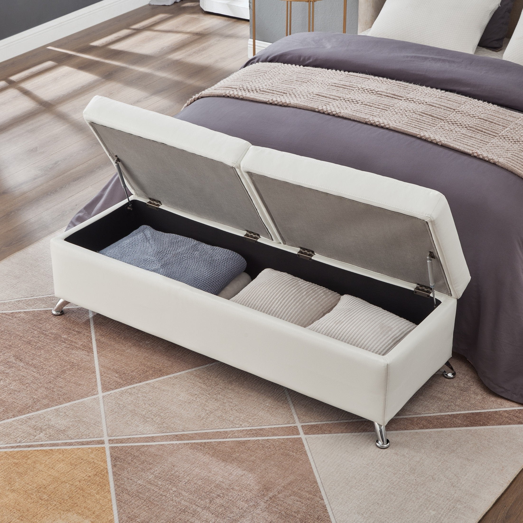 56.7" Bed Bench with Storage White Leather