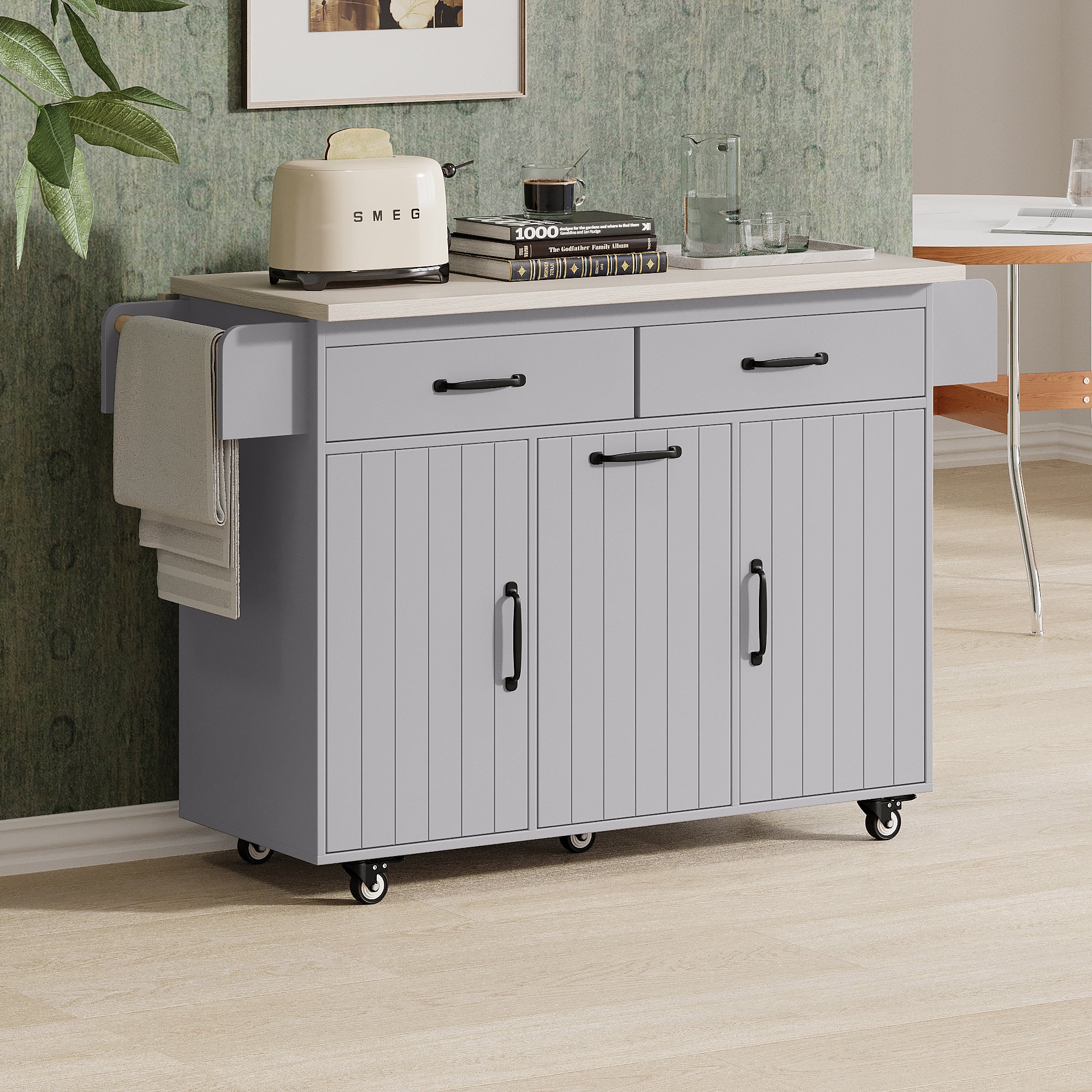 K&K Kitchen Island with Trash Can Storage Cabinet - Rolling Kitchen Island on Wheels with Adjustable Shelf, Grey