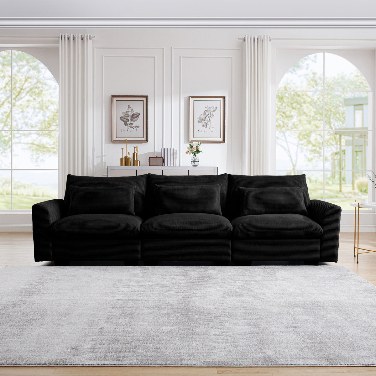 3 Seater Deep Seat Couches for Living Room, Wide and Deep Seat Comfy Living Roo Sofas with 3 Waist Pillows, black Corduroy