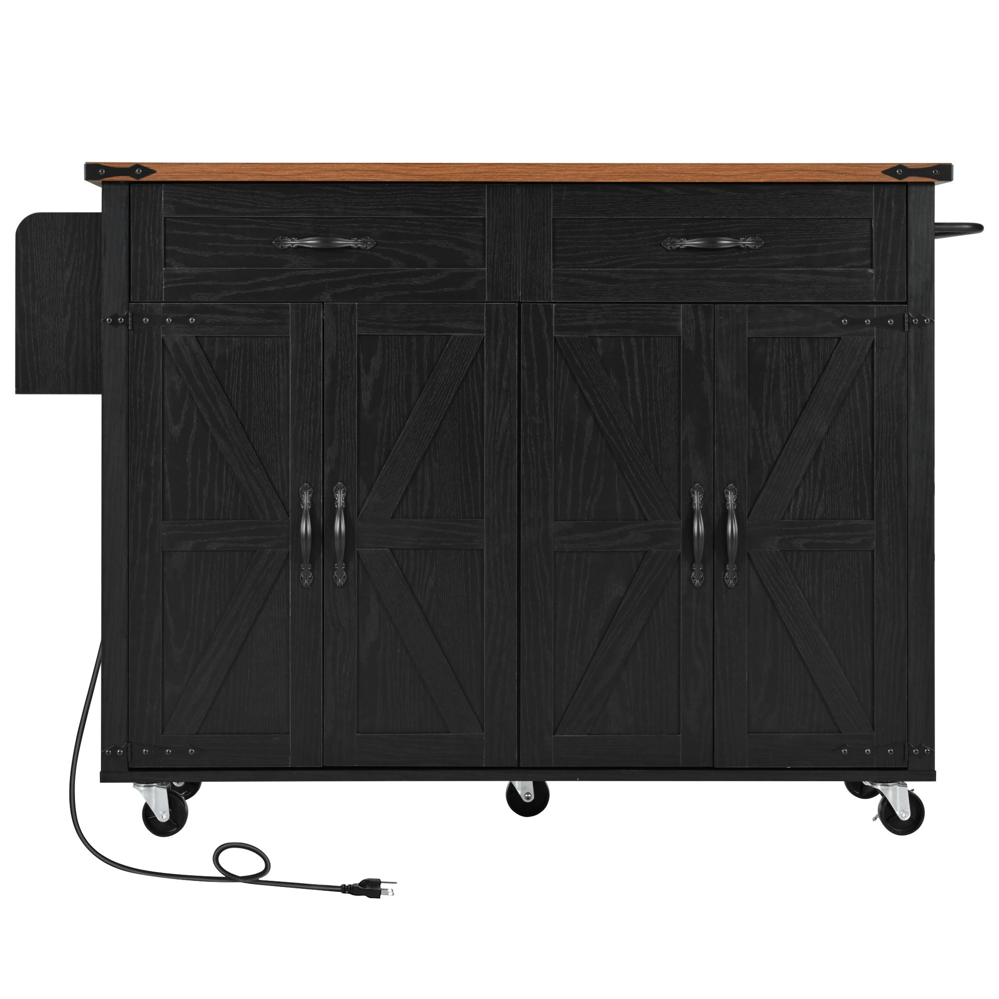 K&K 53.5''Farmhouse Kitchen Island with Drop Leaf, Spice Rack and Drawer, Rolling Kitchen Cart on Wheels, Black