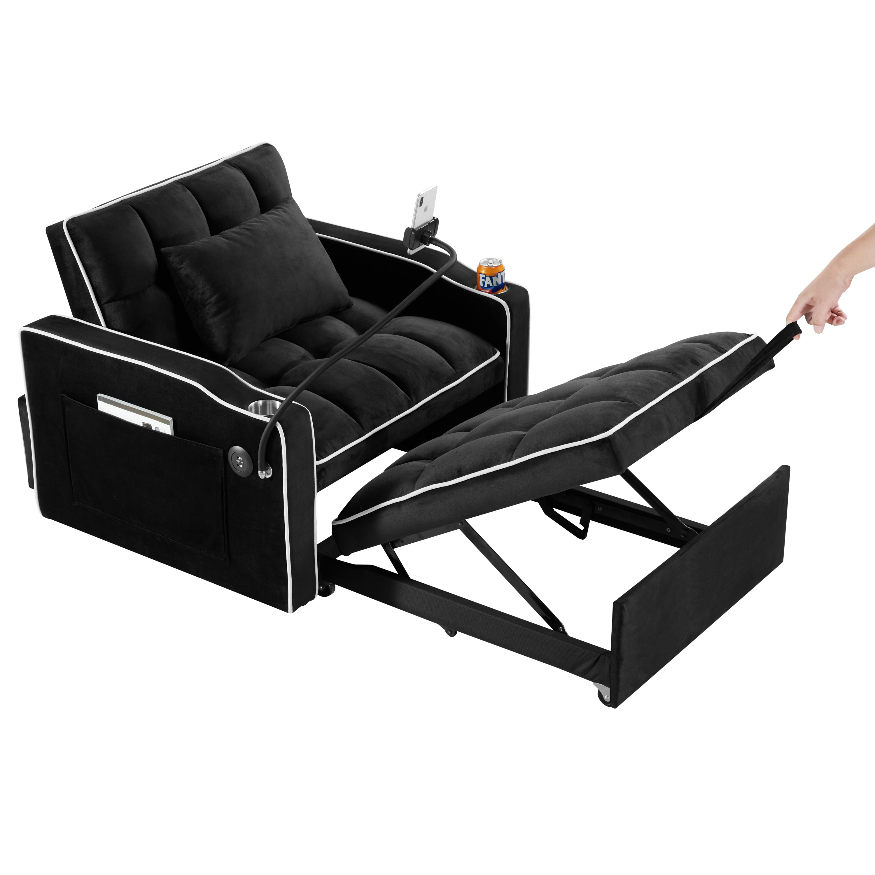 Convertible Chair Sofa Bed, Adjustable Pull-Out Design with Multi-Pockets for Living Room and Small Spaces, Black