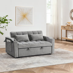 55.51" Foldable Velvet Sofa Bed with Adjustable Back, Pull-Out Design with USB Port, Ashtray, and Swivel Phone Stand, Gray