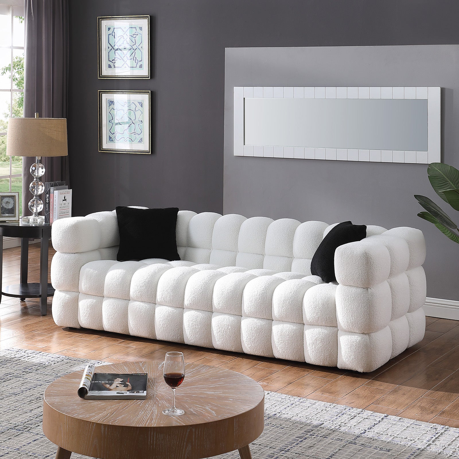 84.3 length ,35.83" deepth ,human body structure for USA people,  marshmallow sofa,boucle sofa ,White color,3 seater