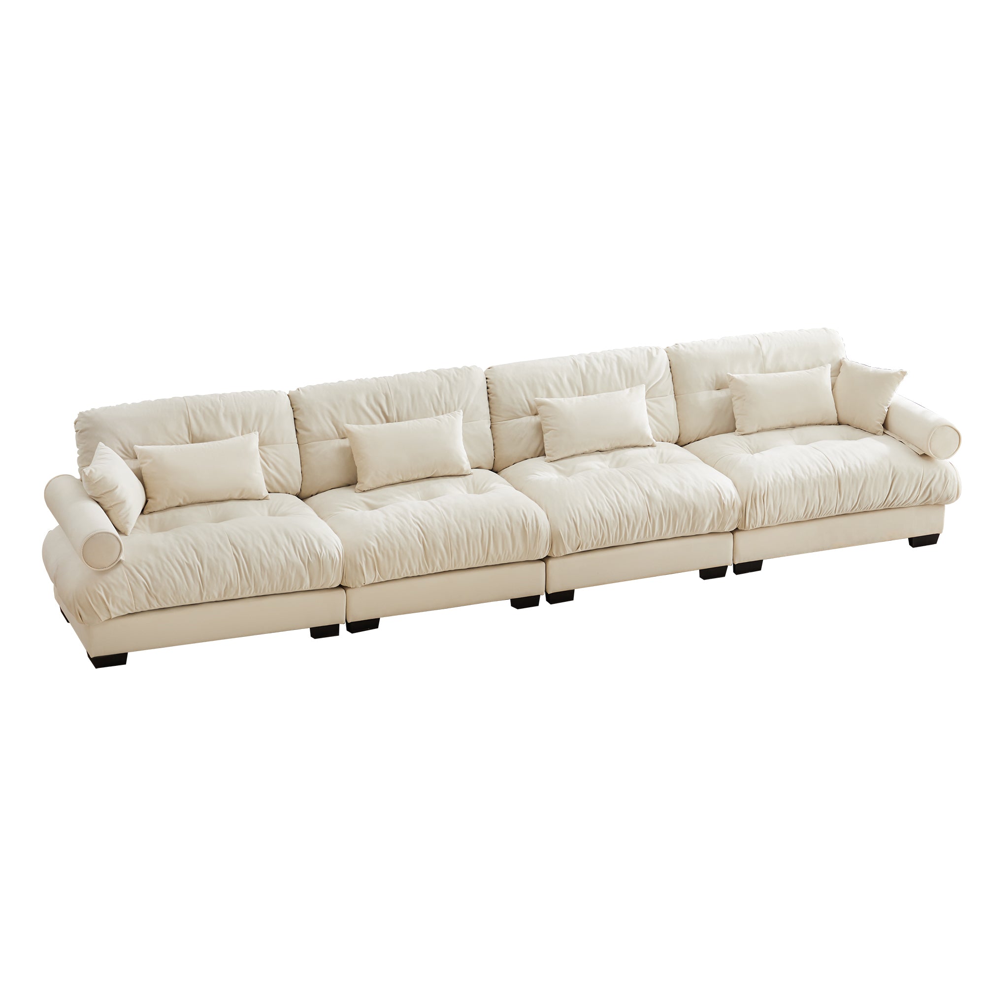 Oversized 4-Seater Velvet Sectional Sofa with Ottoman, Deep Seat Cloud Couch for Living Room, Cream