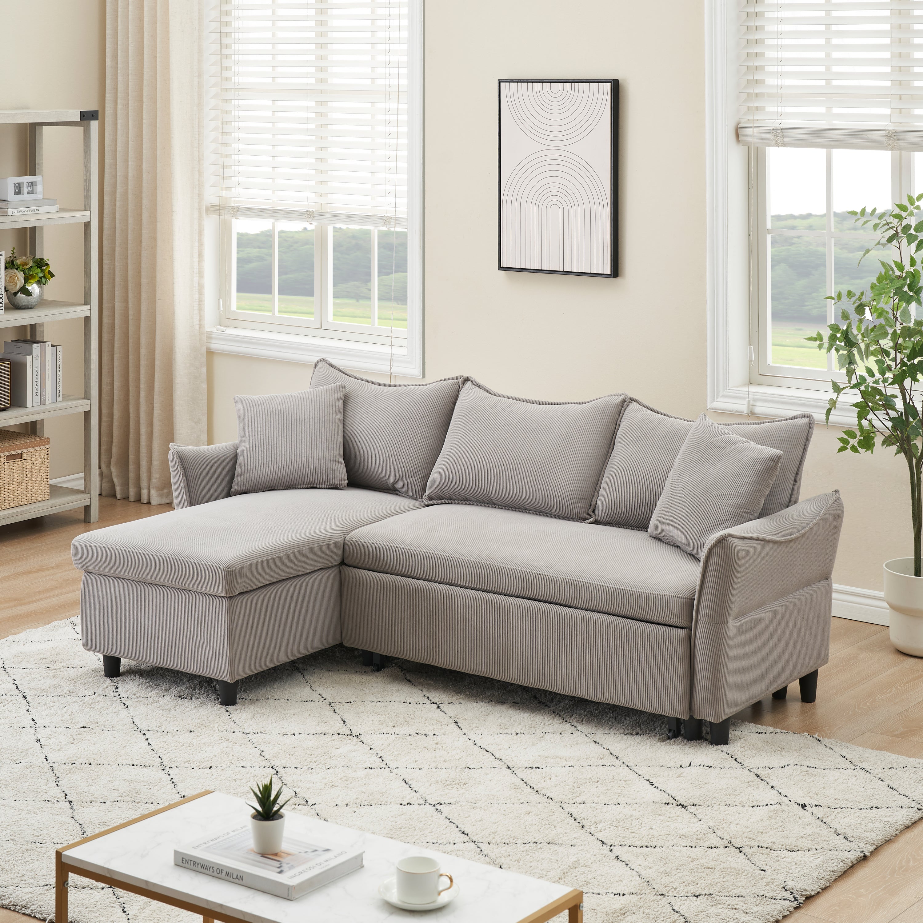 Modern 80" Gray Corduroy Sofa Bed With Two Small Pillows - 3-Seater Pull-Out Sofa With Storage