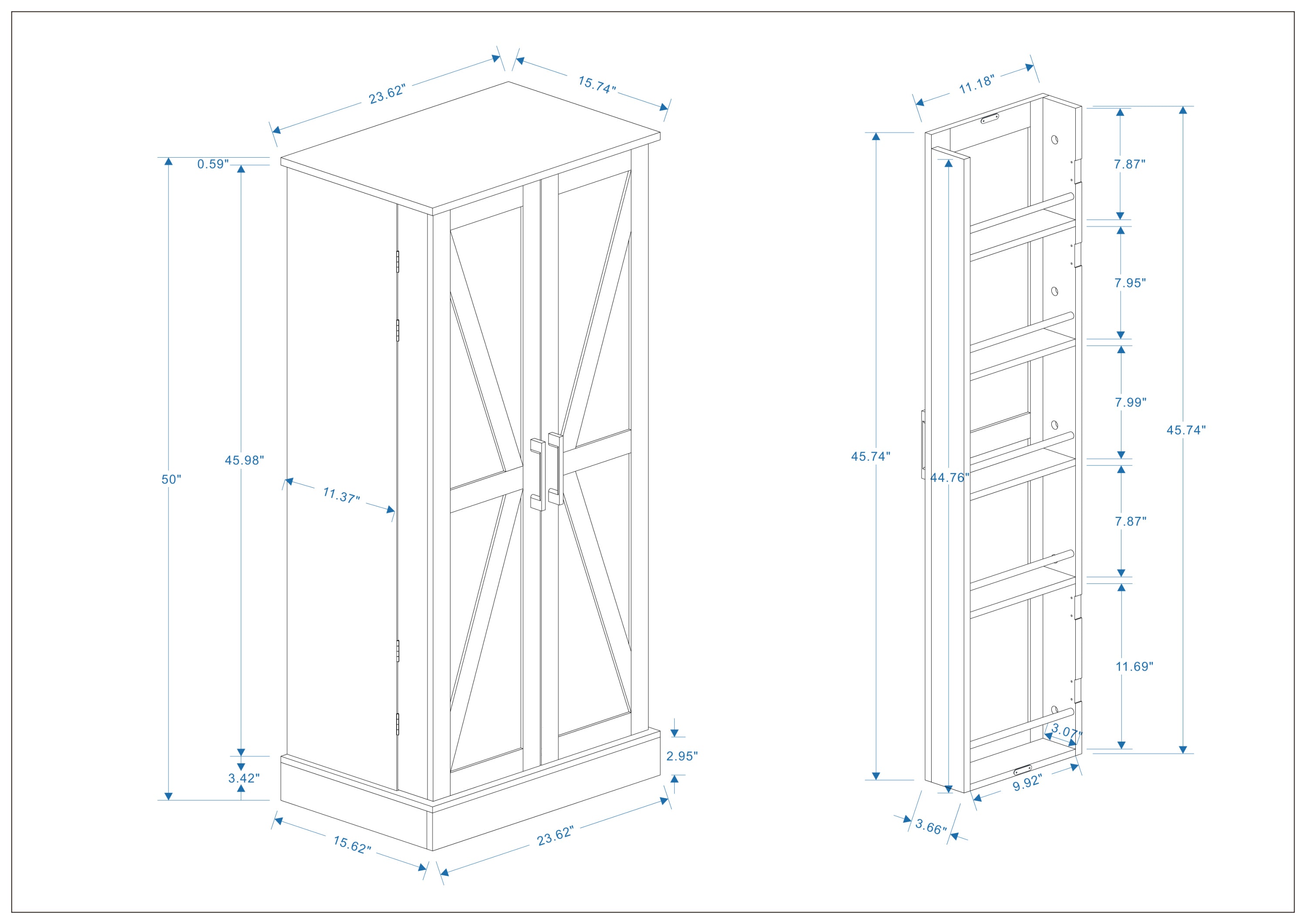 50" LED Kitchen Pantry Cabinet,Freestanding Buffet Cupboards Sideboard with 2 Doors with Racks and 2 Adjustable Shelves for Kitchen, Living Room and Dinning Room-White