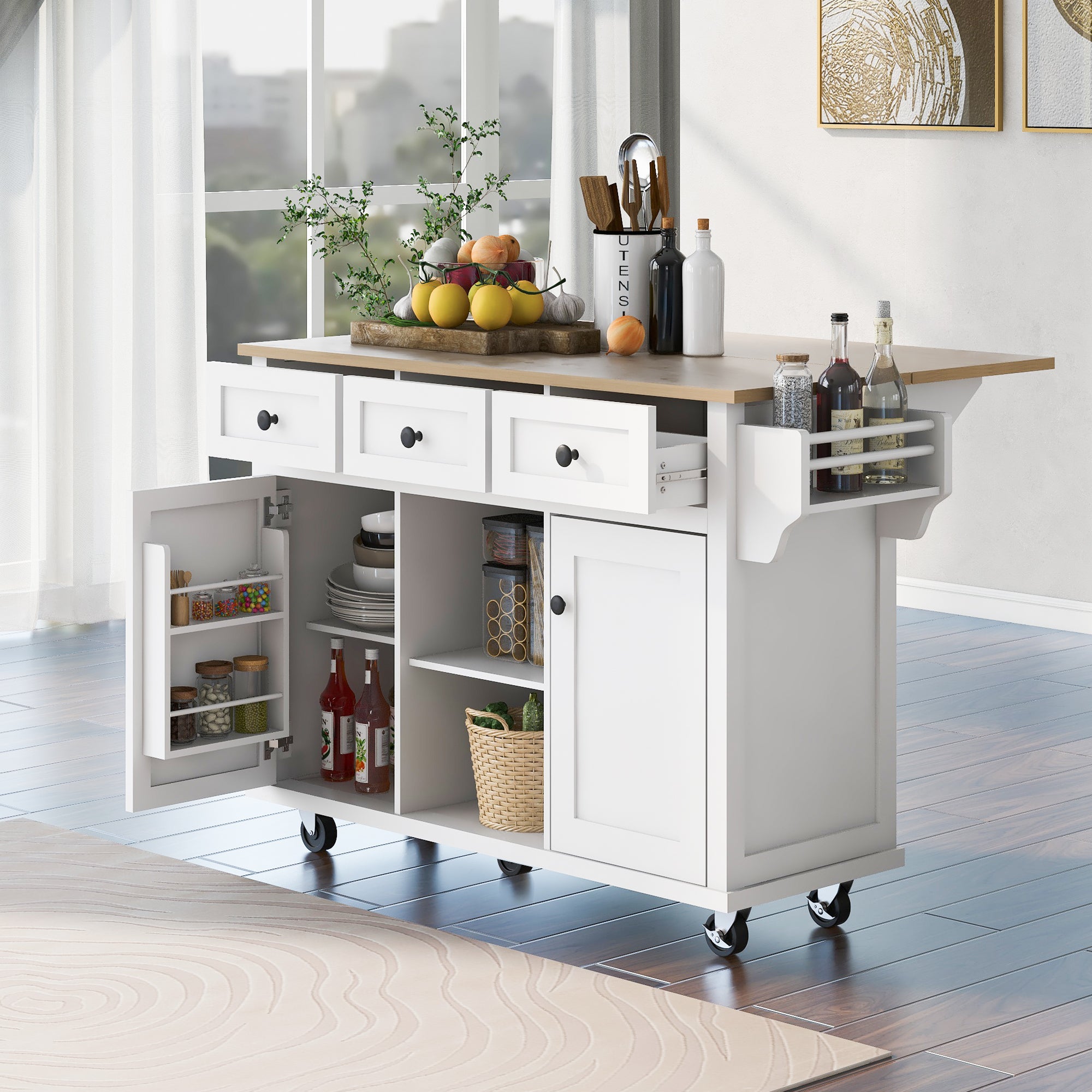 Kitchen Island on 5 Wheels with Storage Cabinet and 3 Drawers for Dinning Room,White