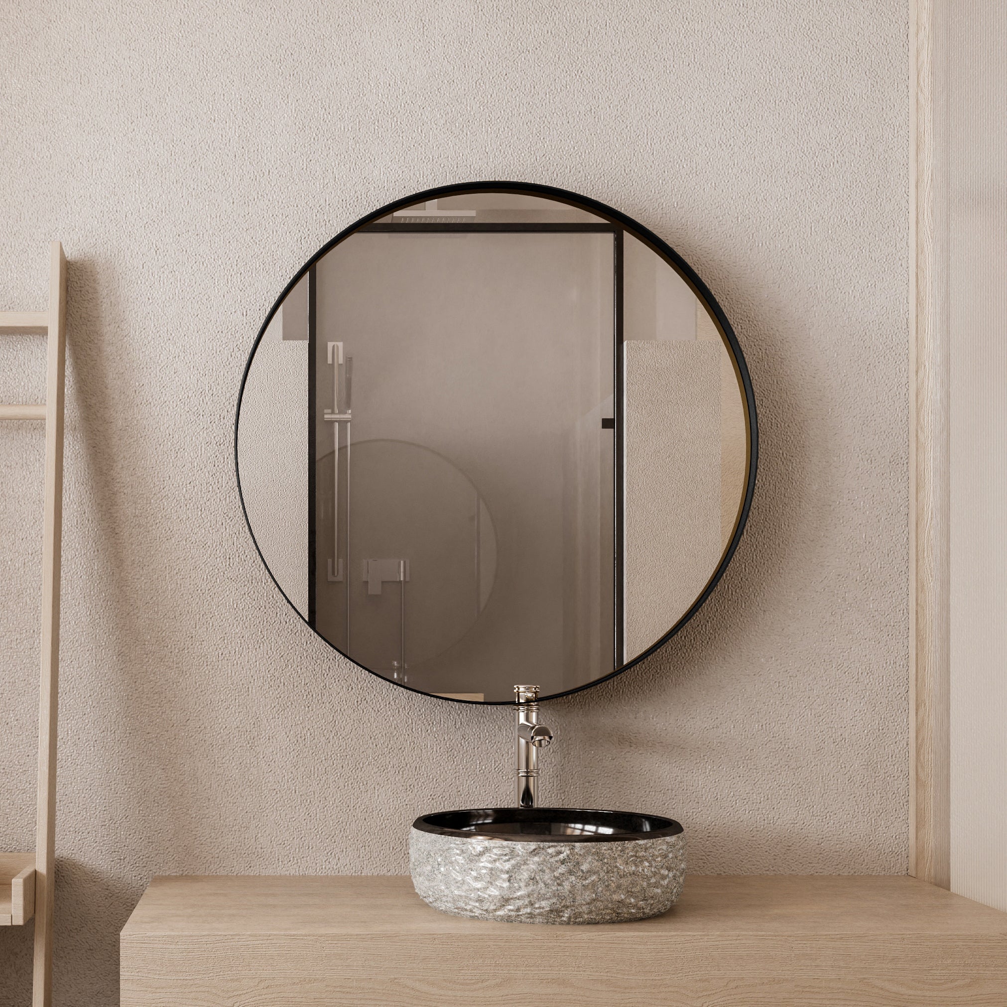 31.5 Inch Surface Mount Round Metal Framed Medicine Cabinet with Mirror and Adjustable Shelves Black Wall Mirror with Storage for Bathroom, Matte Black