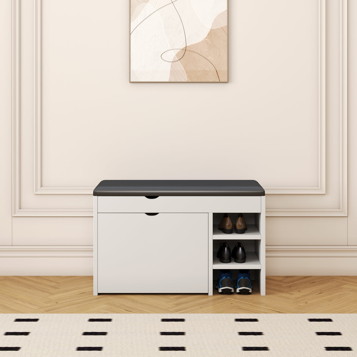 Modern White Shoe Cabinet with Soft Cushion Top for Entry Room