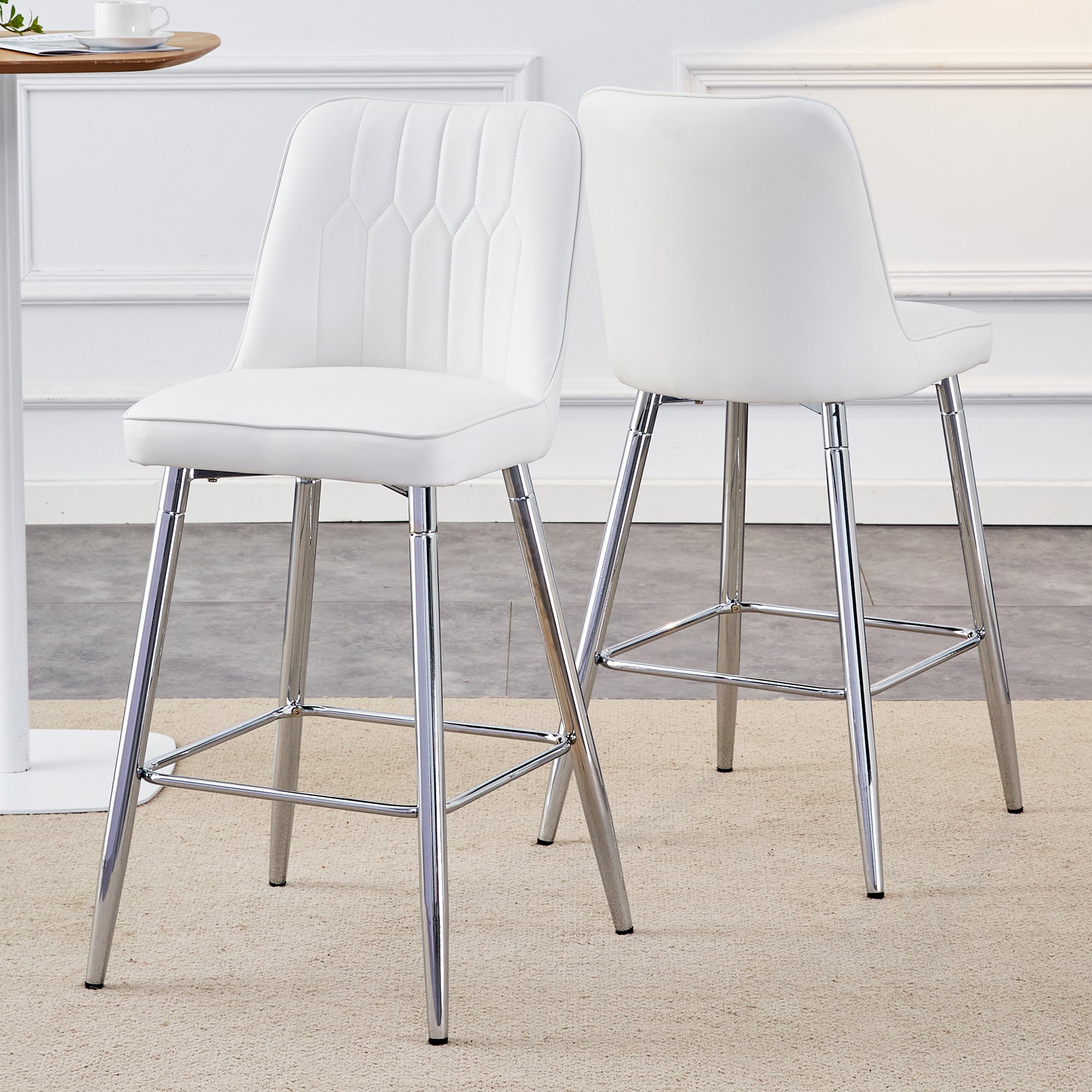 Modern White PU Bar Stool Set of 2 - Sleek Silver Metal Legs with Cross Reinforcement