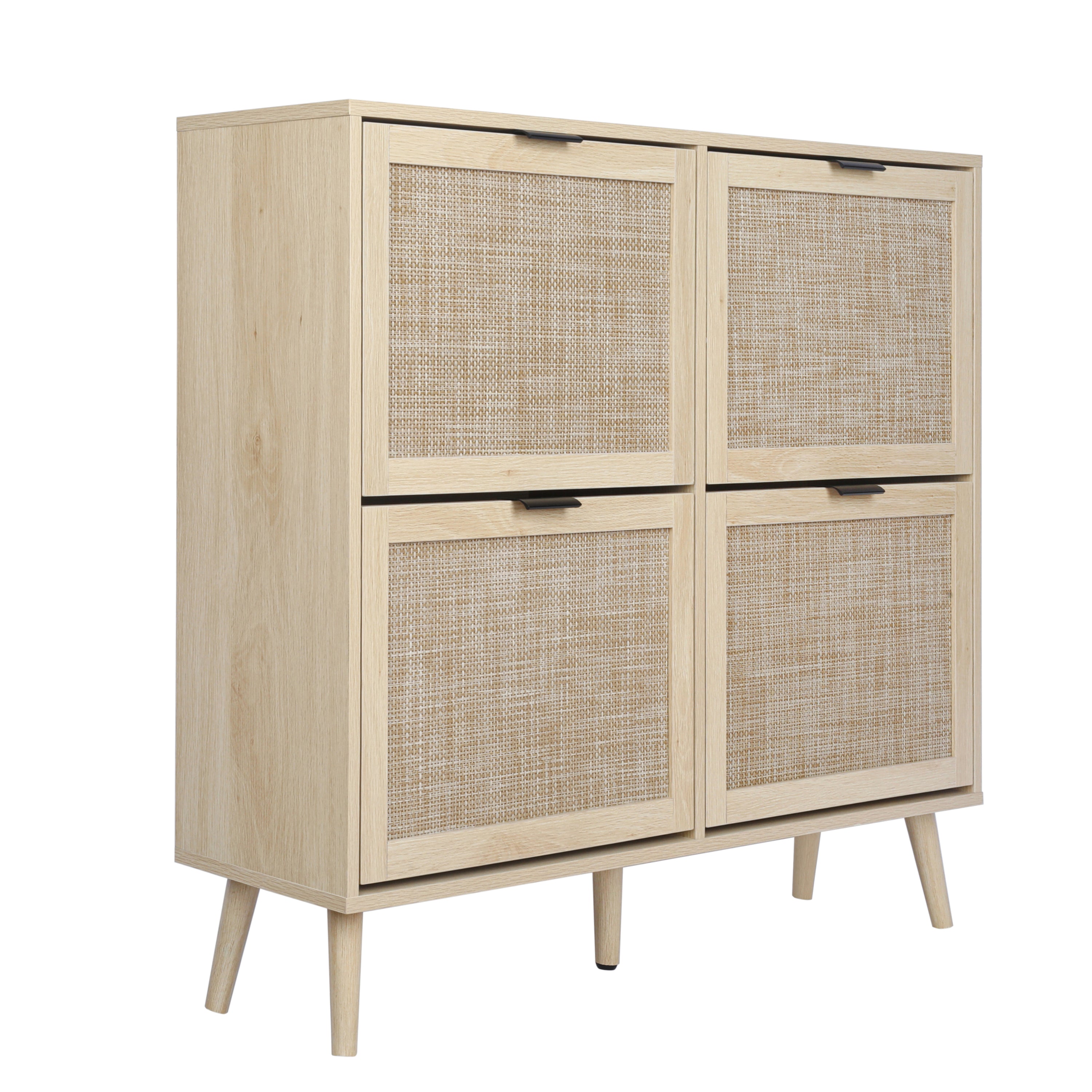 Natural Rattan 4 Door Shoe Rack, Freestanding Modern Shoe Storage Cabinet, for Entryway