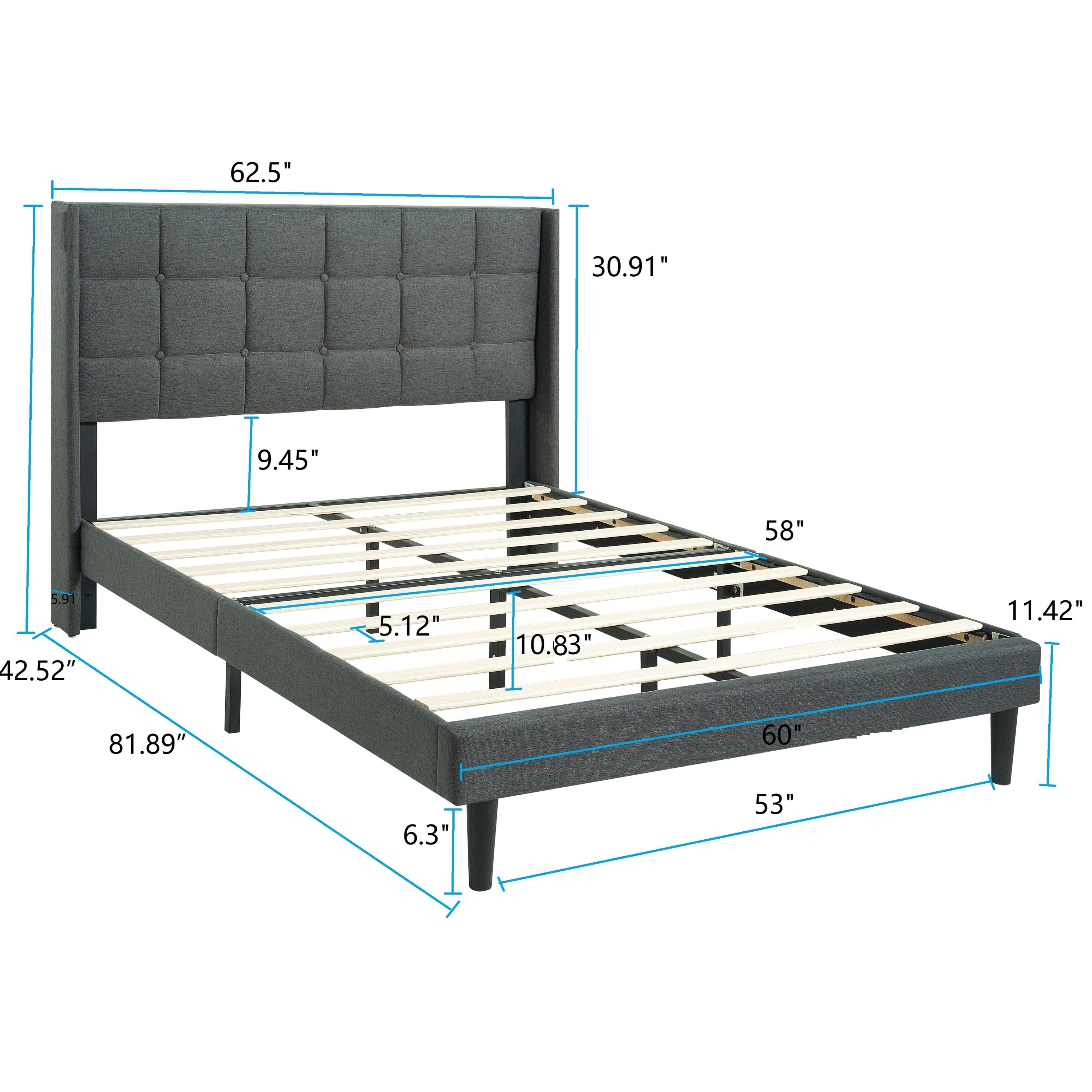 Queen Size Upholstered Platform Bed Frame with Modern Button Tufted Linen Fabric Headboard, No Box Spring Needed, Wood Slat Support, Easy Assembly, Drak Grey