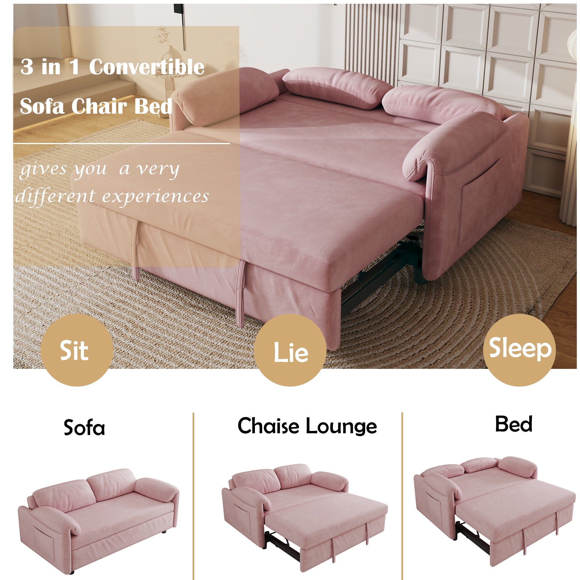 54" Pink Velvet  Sofa Bed for Multi-purpose - Perfect Pull-Out Sofa Design for Living Spaces