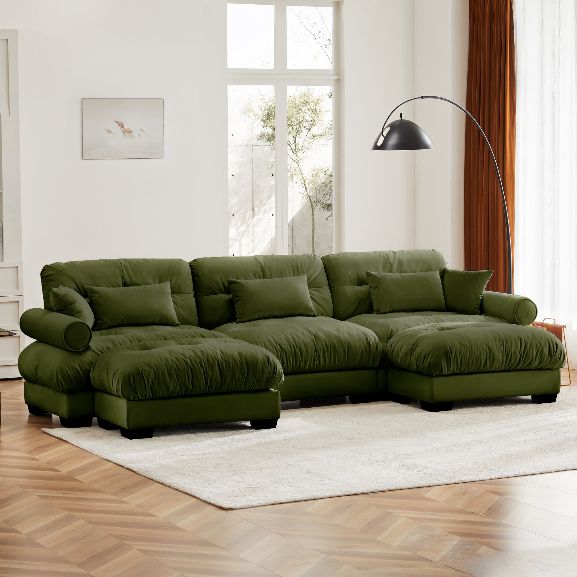 U-Shaped Modular Sectional Sofa with Movable Ottomans, Modern 3-Seater Corner Couch with Pillows and Bolstered Armrests, Olive green