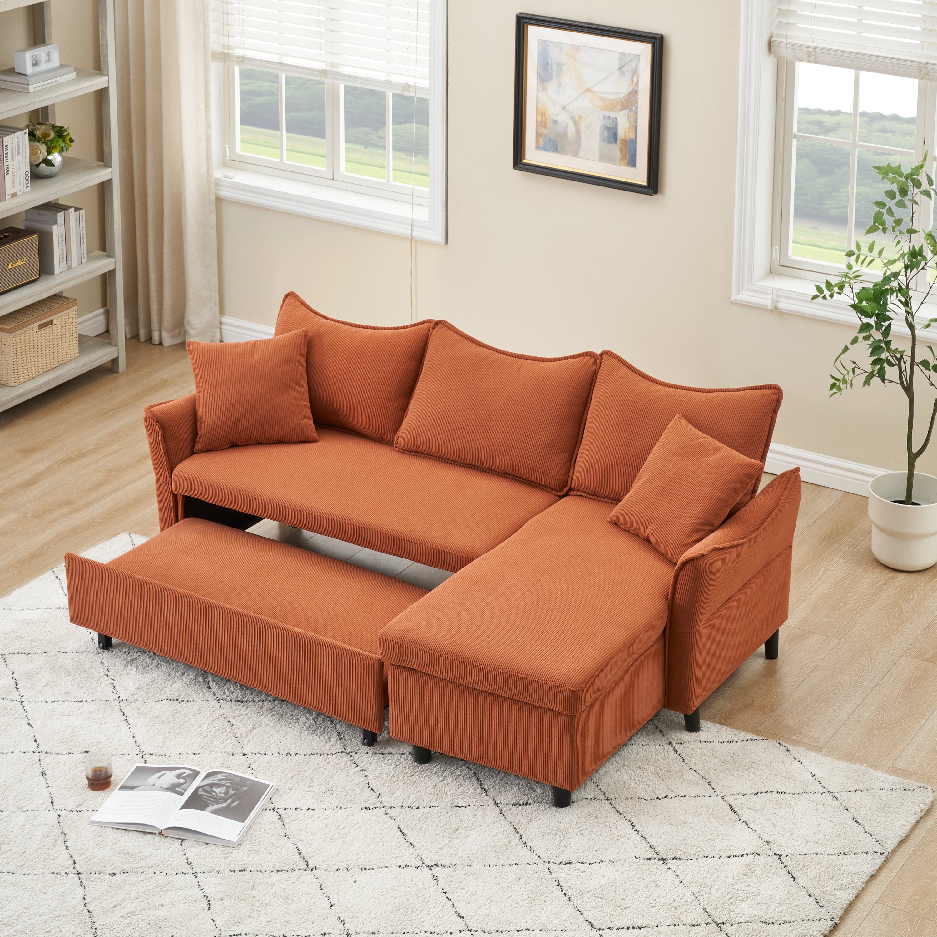 80" Orange Corduroy 3-Seater Sofa Bed With Two Small Pillows - Pull-Out Sofa With Storage For Living Room