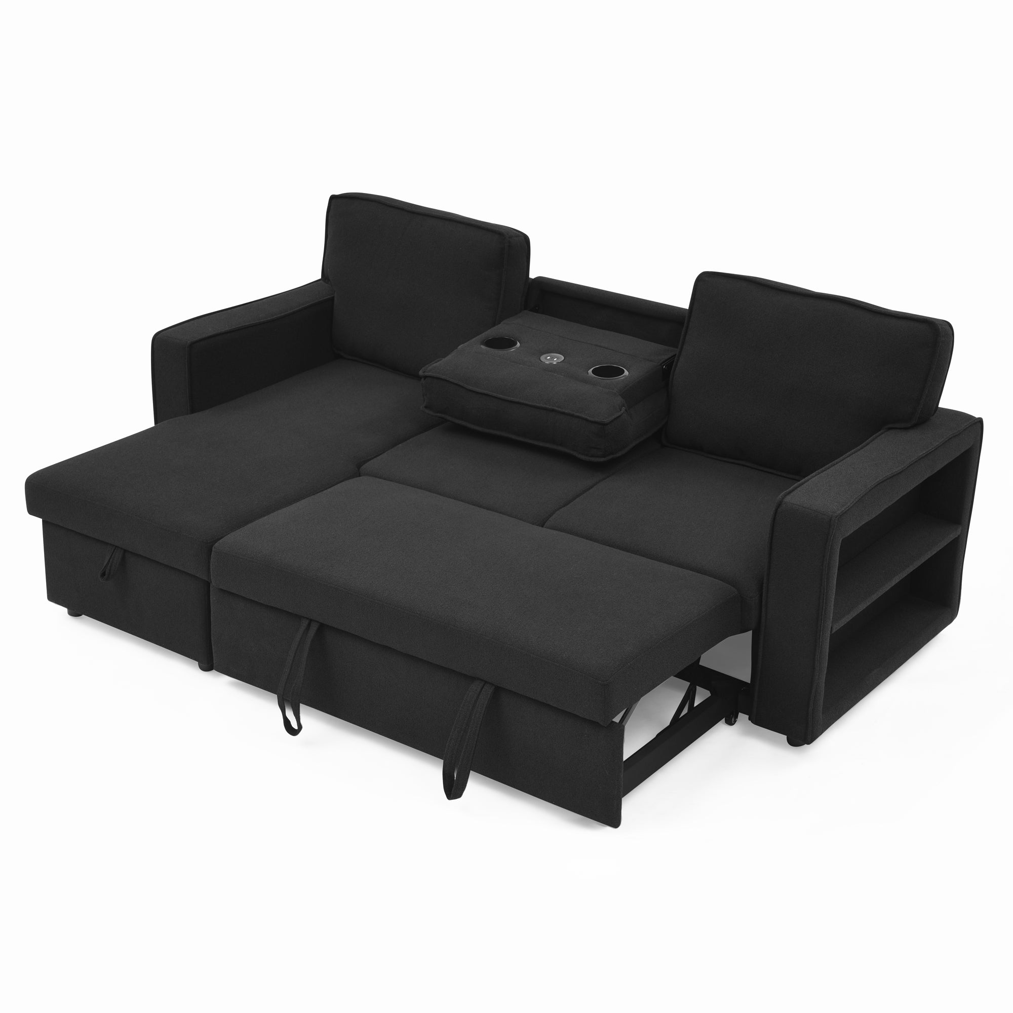 Linen Upholstered Sleeper Sectional Sofa, Shaped Modular Convertible Sofa with Storage Chaise,There are two cup holders in the middle and USB multi-interface function,Pull Out Sleep Couch Bed ,Black