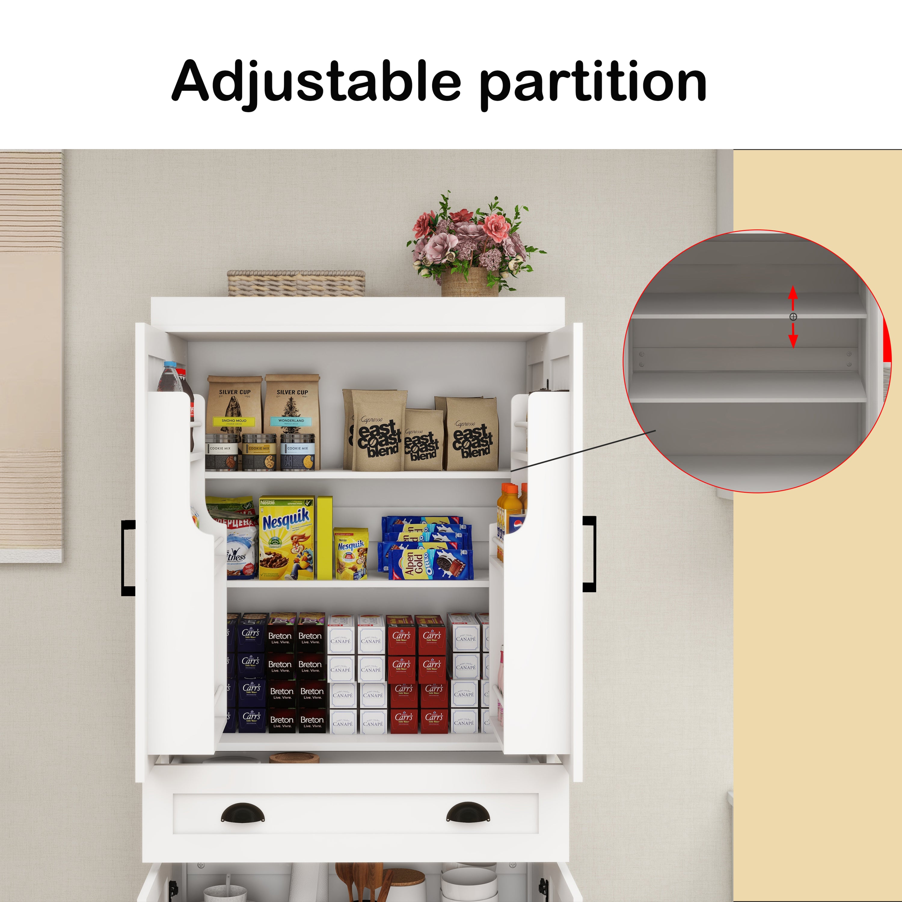 71" Kitchen Pantry Storage Cabinet  with 4 Doors(2Doors with Racks),1 Drawer, 2 Adjustable Shelves, Freestanding Cupboard for Kitchen, Dining Room and Living Room-White