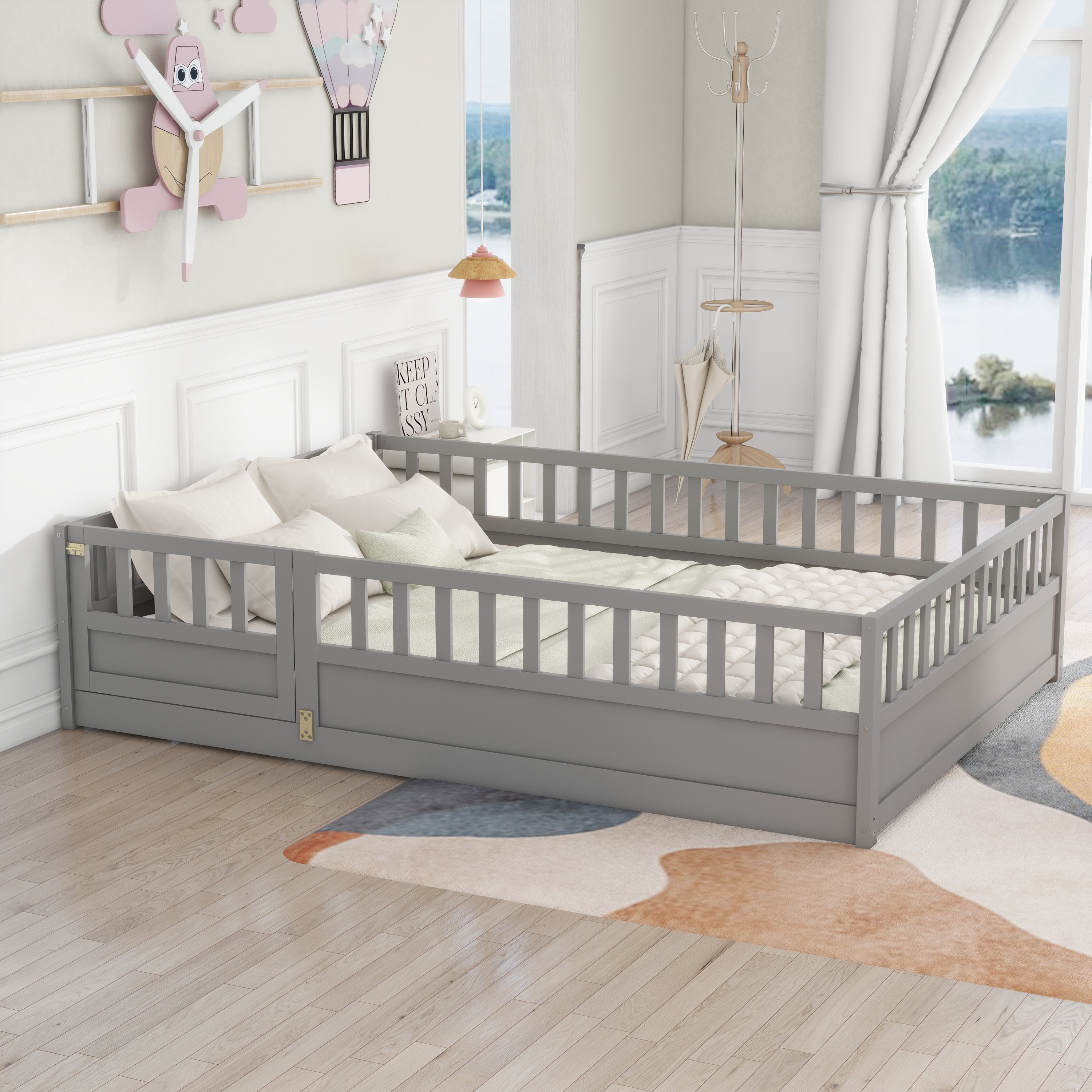 Full size  Floor bed, integral construction with super high security barrier, door, children's floor bed frame, Montessori wooden children's floor bed, Support slat Grey