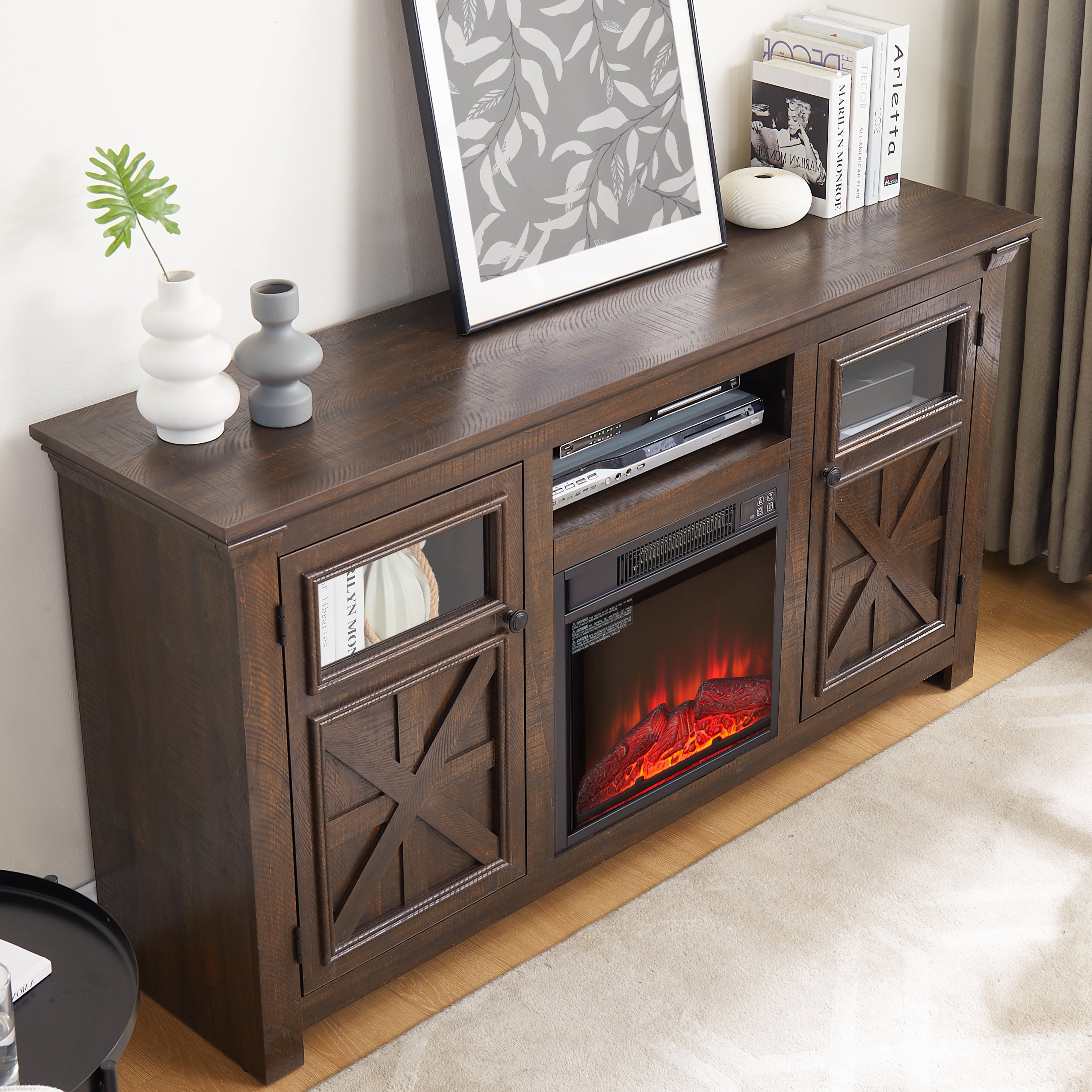 Farmhouse TV Stand with 2 Doors, Barn Design, Large Media Console with 18" Electric Fireplace Insert, Dark Brown