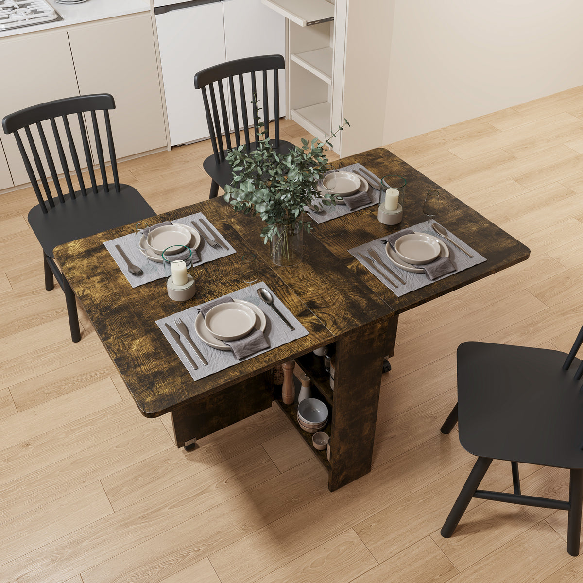51.2" Convertible Brown Dining Table Cabinet with Wheels Perfect Foldable Table Design for Small Living room