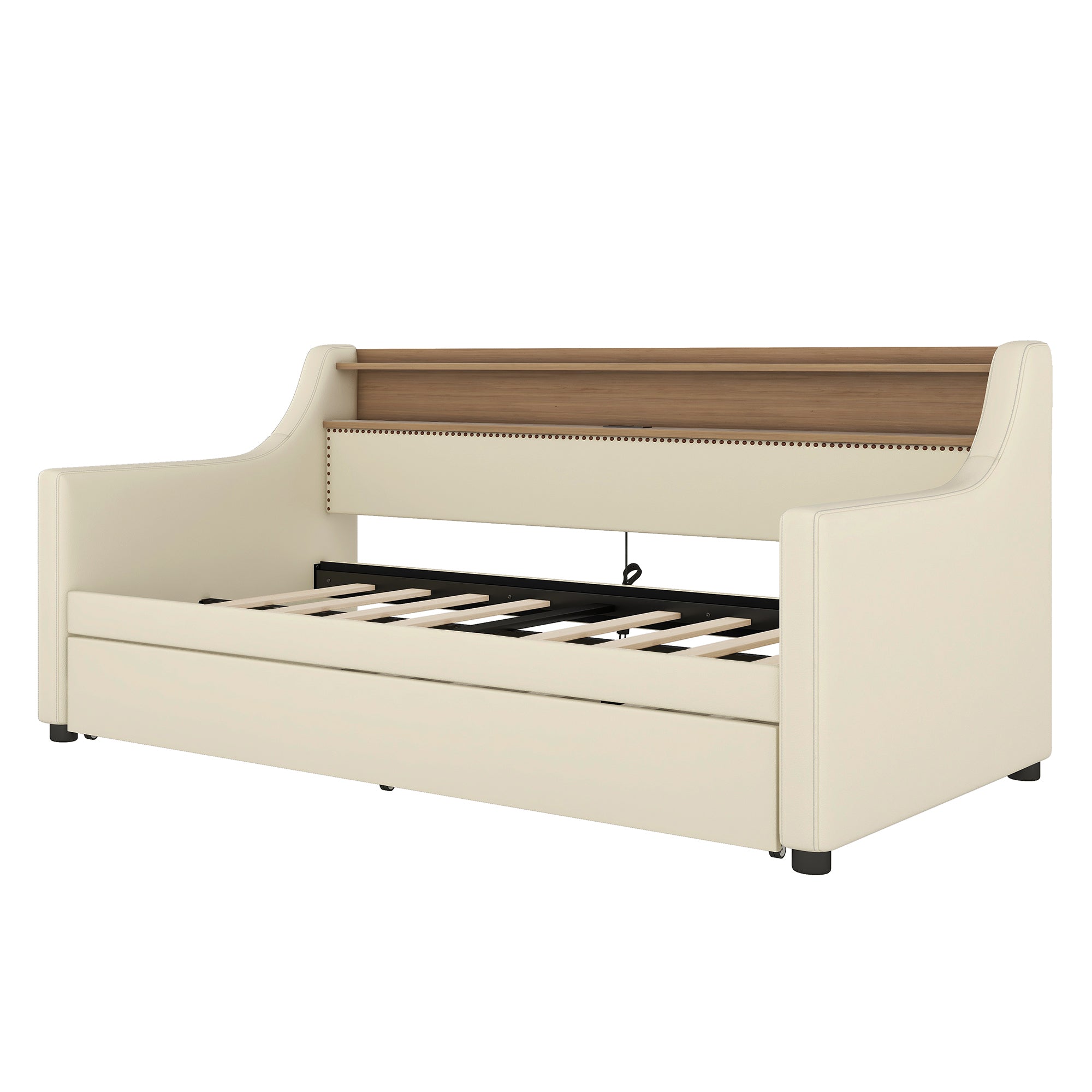 Twin Size Daybed with Trundle, Upholstered Sofa Bed with Charging Station and LED Lights, Beige