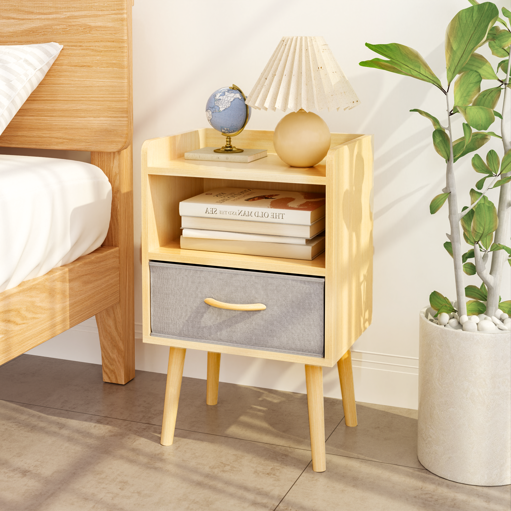 Nightstand With Collapsible Fabric Drawer, 2-Tier Storage End Table, Wood Side Table with Storage Cabinet or Kids, Adults - Oak