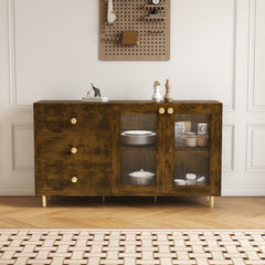 55.1" Brown Sideboard with Glass Doors & Drawers for Storage - Modern Buffet for Dining Room