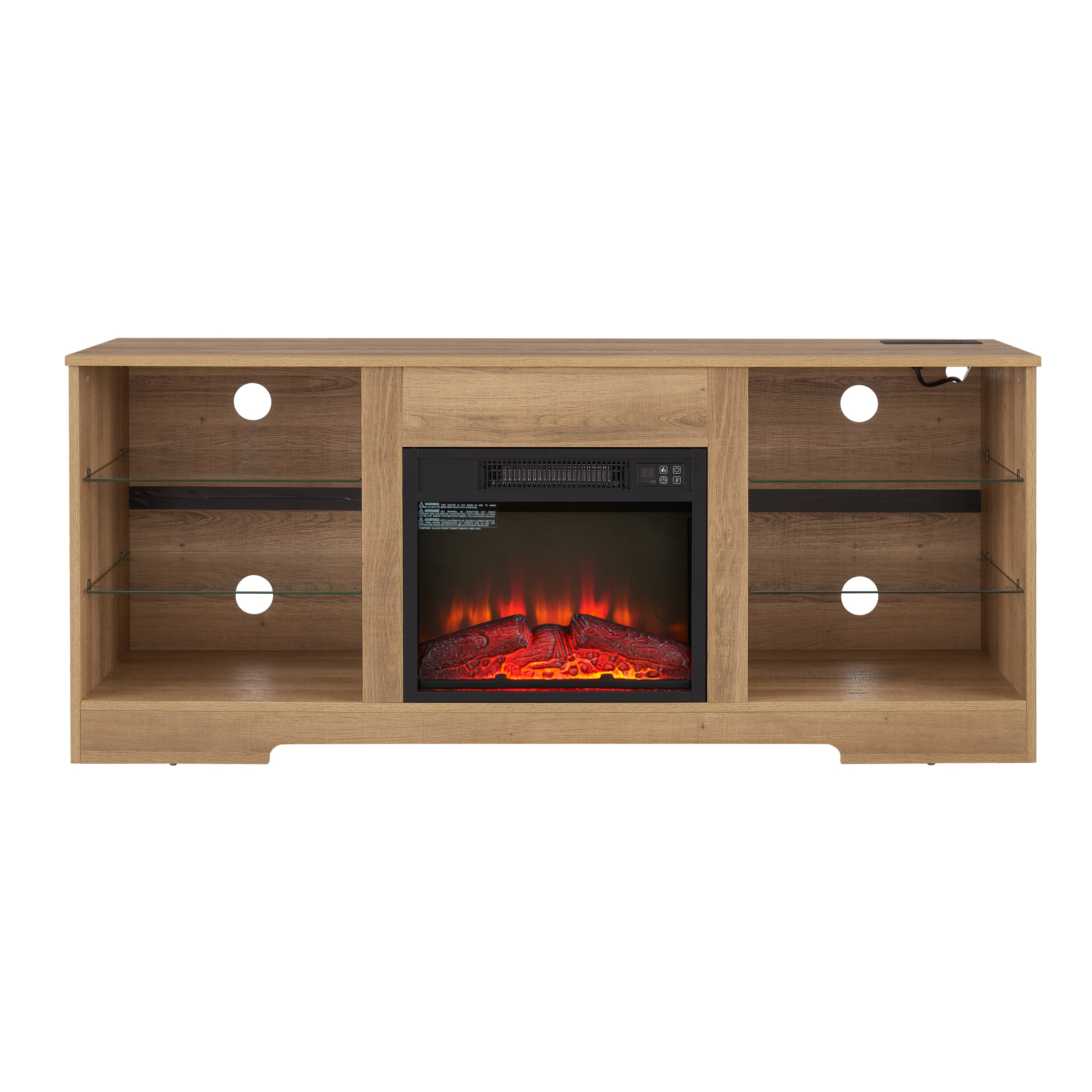 Electric Fireplace TV Stand with Glass Shelves, LED Lights, USB Charging Outlet, Fits TVs up to 62", Natural