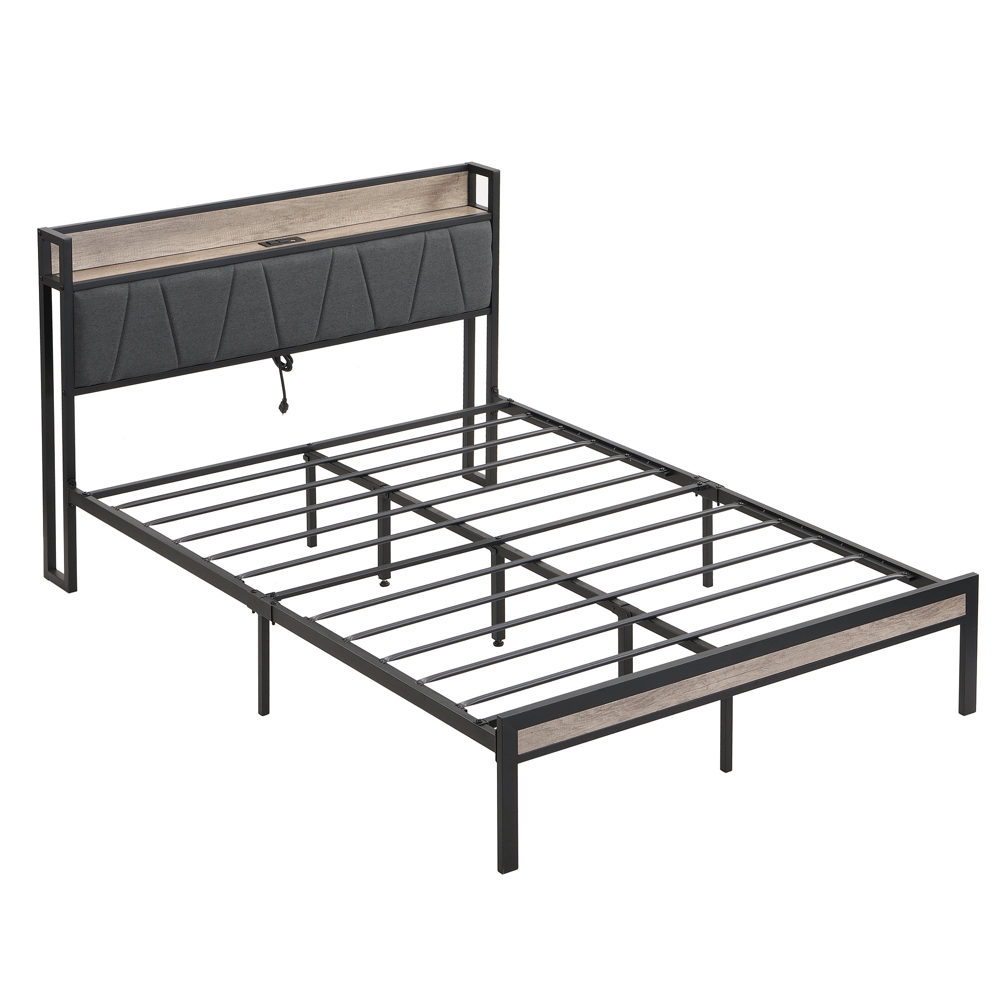 Queen  Size  Metal Platform Bed Frame with upholstery storage function Headboard   and USB LINER  and Footboard  , No Box Spring Needed, Large Under Bed Storage, Easy Assemble