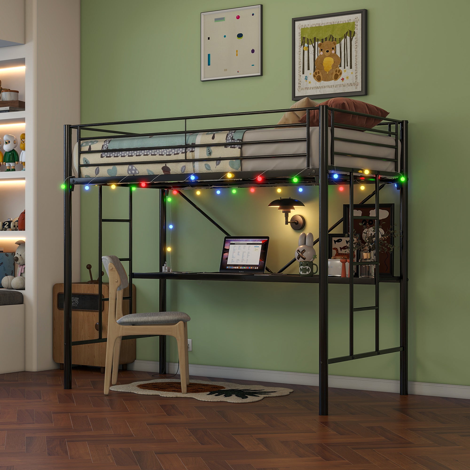 Twin Metal Loft Bed with Desk, Power Outlet & LED Light - Black