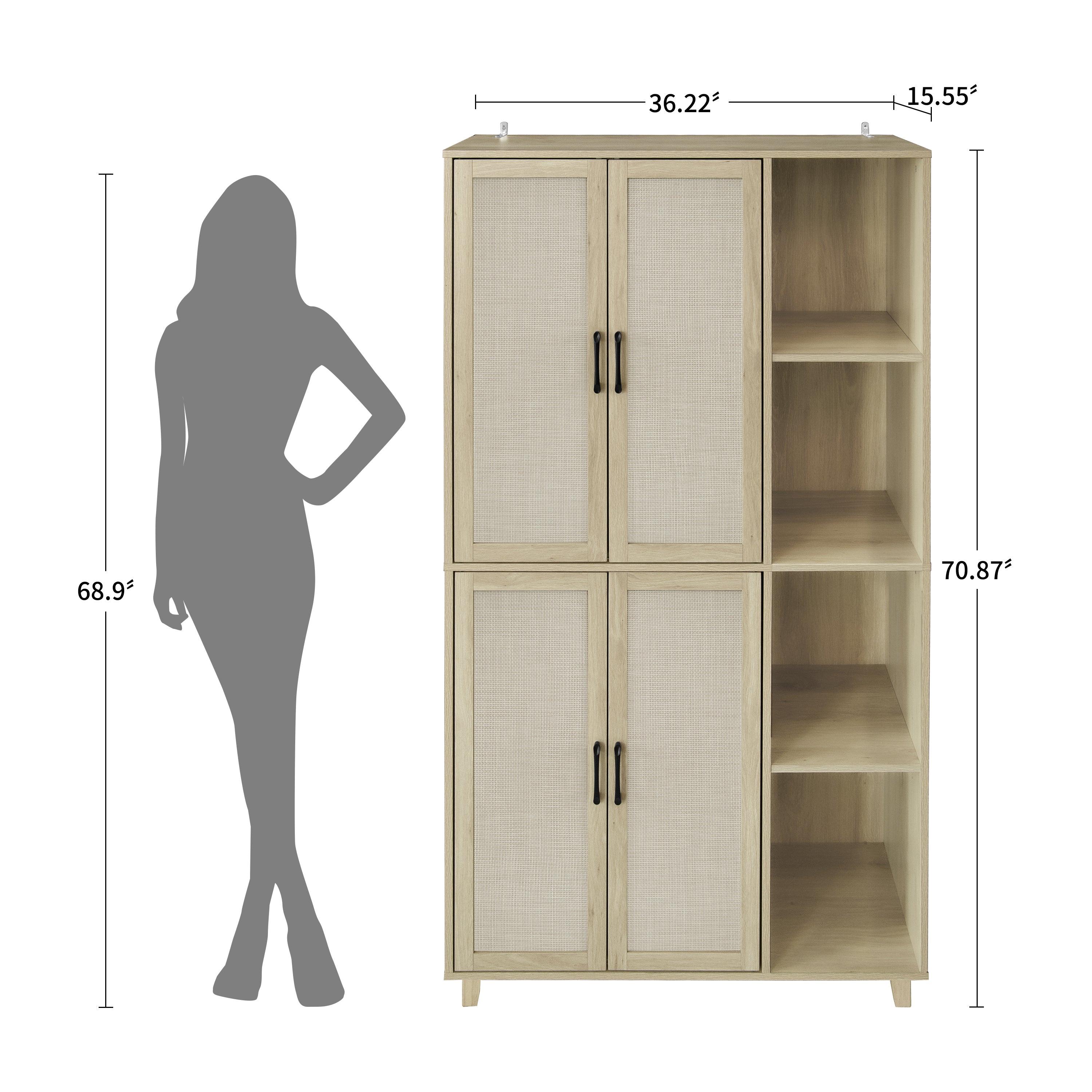 4 Door Cabinet with 4 Shelves with 4 Adjustable Inner Shelves, Storage Cabinet