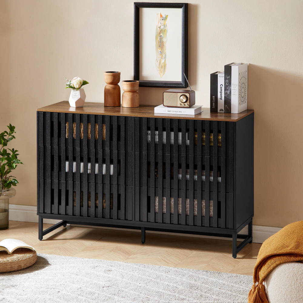 6-Drawer Modern Dresser with Slatted Grille Design and Metal Legs, Durable MDF Construction