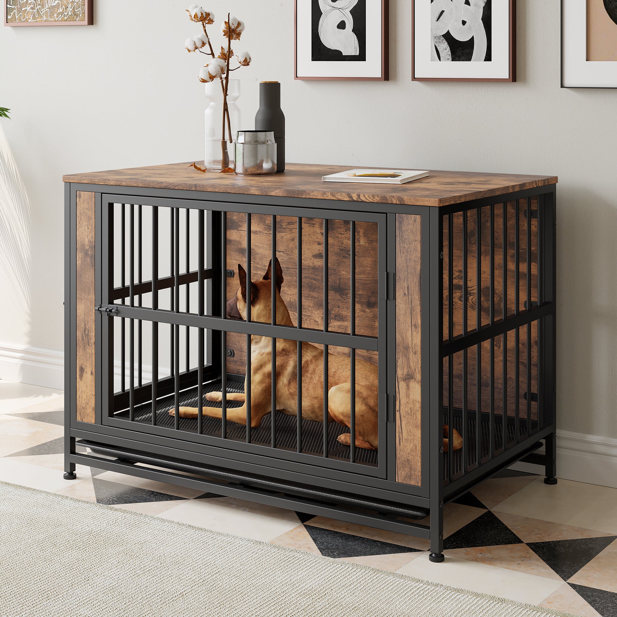 Wooden Dog Crate Furniture, 38.9" with 2 Sliding Doors, Rustic Brown