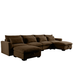 Big Deep Seat U-Shaped Corduroy Sectional Couches for Living Room, 4 Seater Sofa Couch with 2 Storage Footstool and 4 Waist Pillows (Corduroy, Brown)