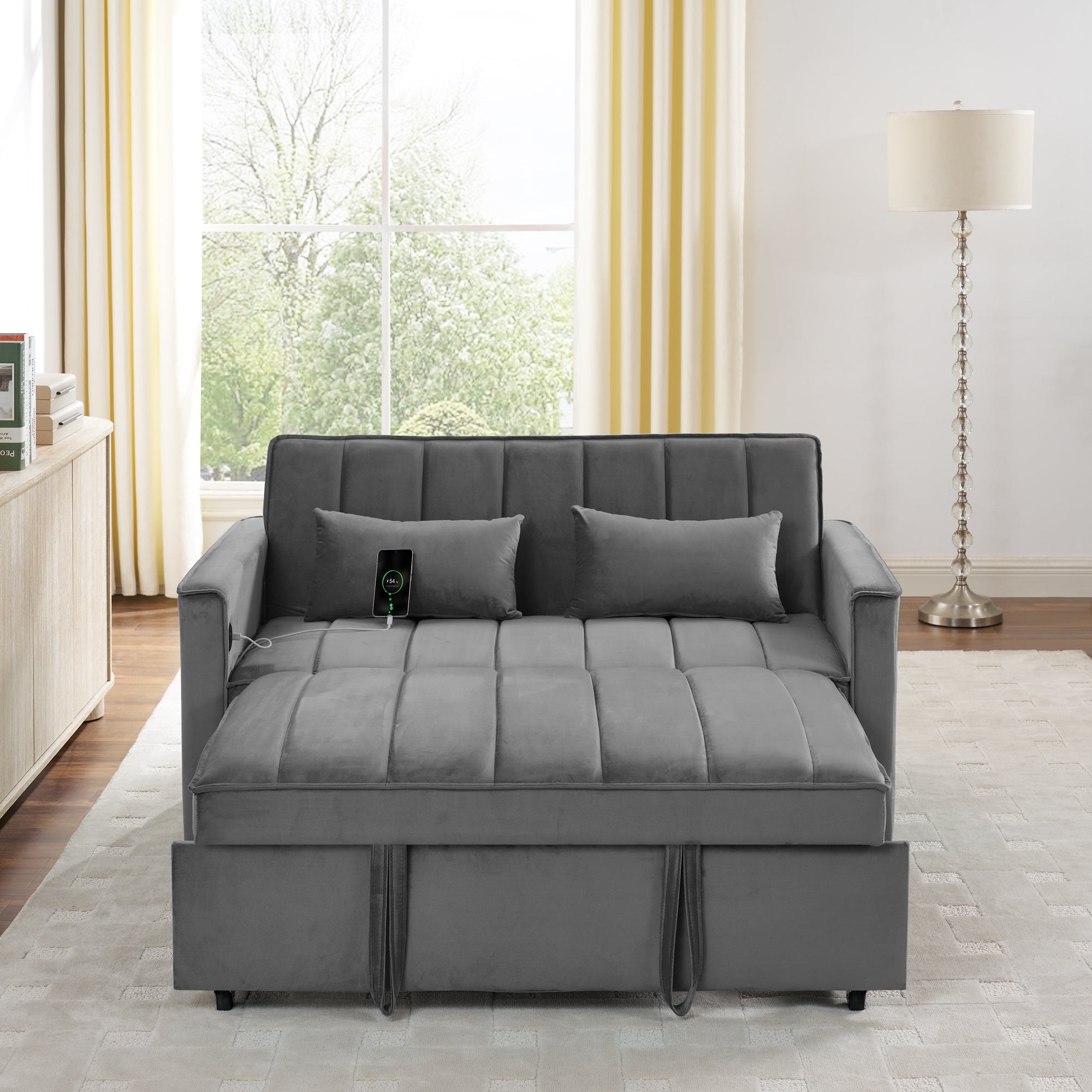 54.33" Modern Foldable Velvet Sofa Bed, Adjustable Back, Pull-Out Design, 3 Length Options, GRAY