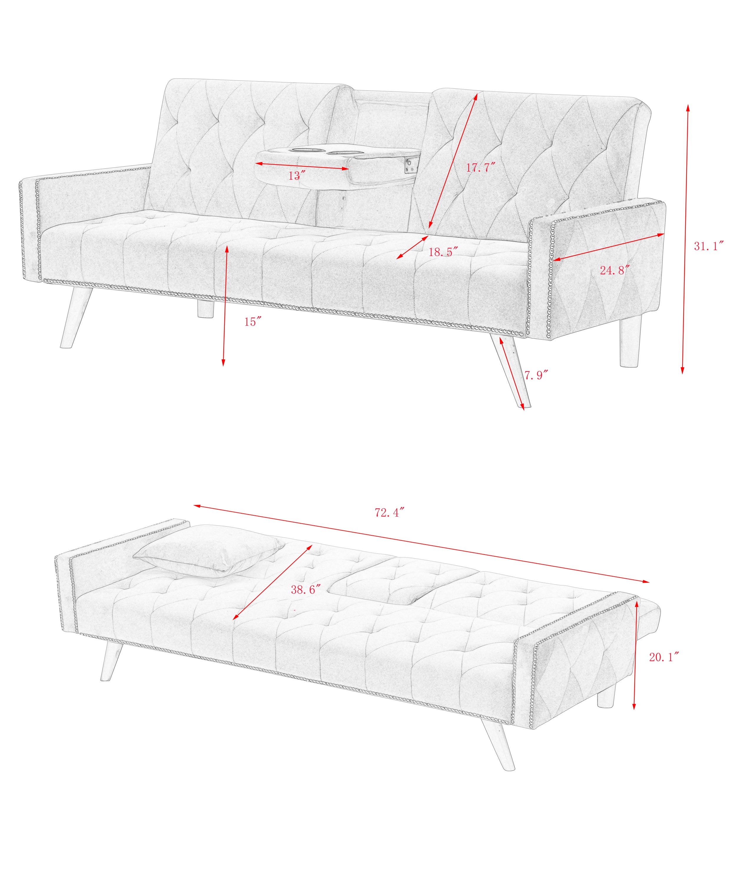 72" Pink Velvet Sofa Bed with Nail Head Trim & Two Cup Holders Sleeper Sofa for Small Living Room