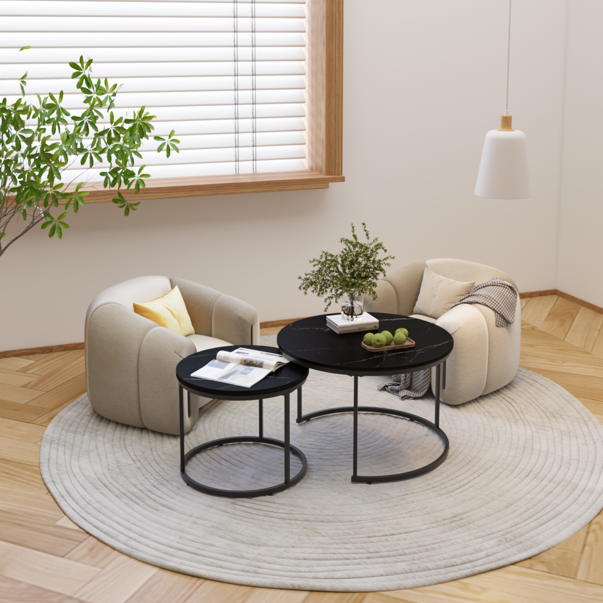 Nesting Coffee Table Set of 2, 27.6inch Round Coffee Table Wood Marble Pattern Top with Sturdy Metal Frame, End Table Side Tables for Living Room Bedroom Balcony Yard (Black)
