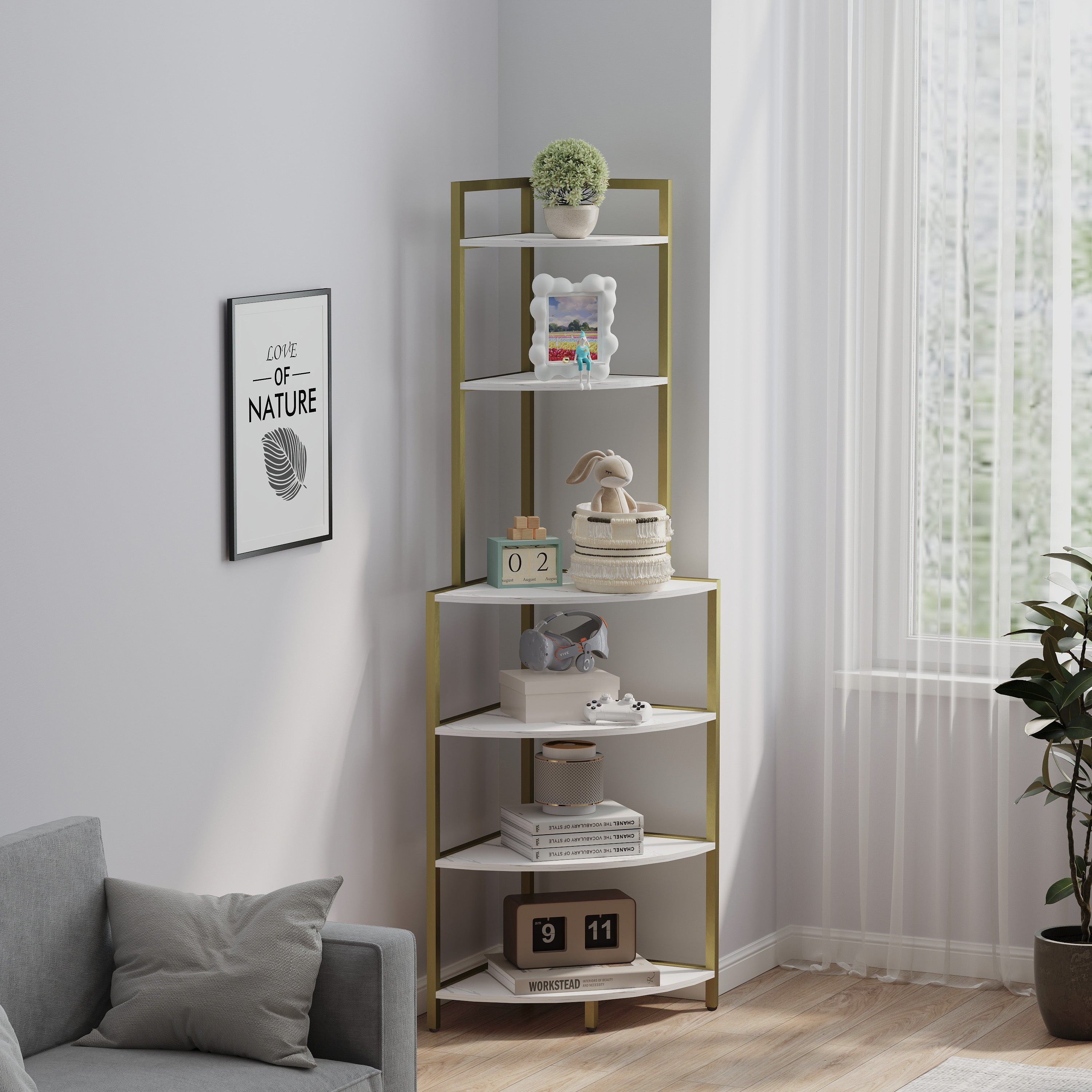 6-Tier Corner Bookshelf, Space-Saving Wood Rack for Home & Office