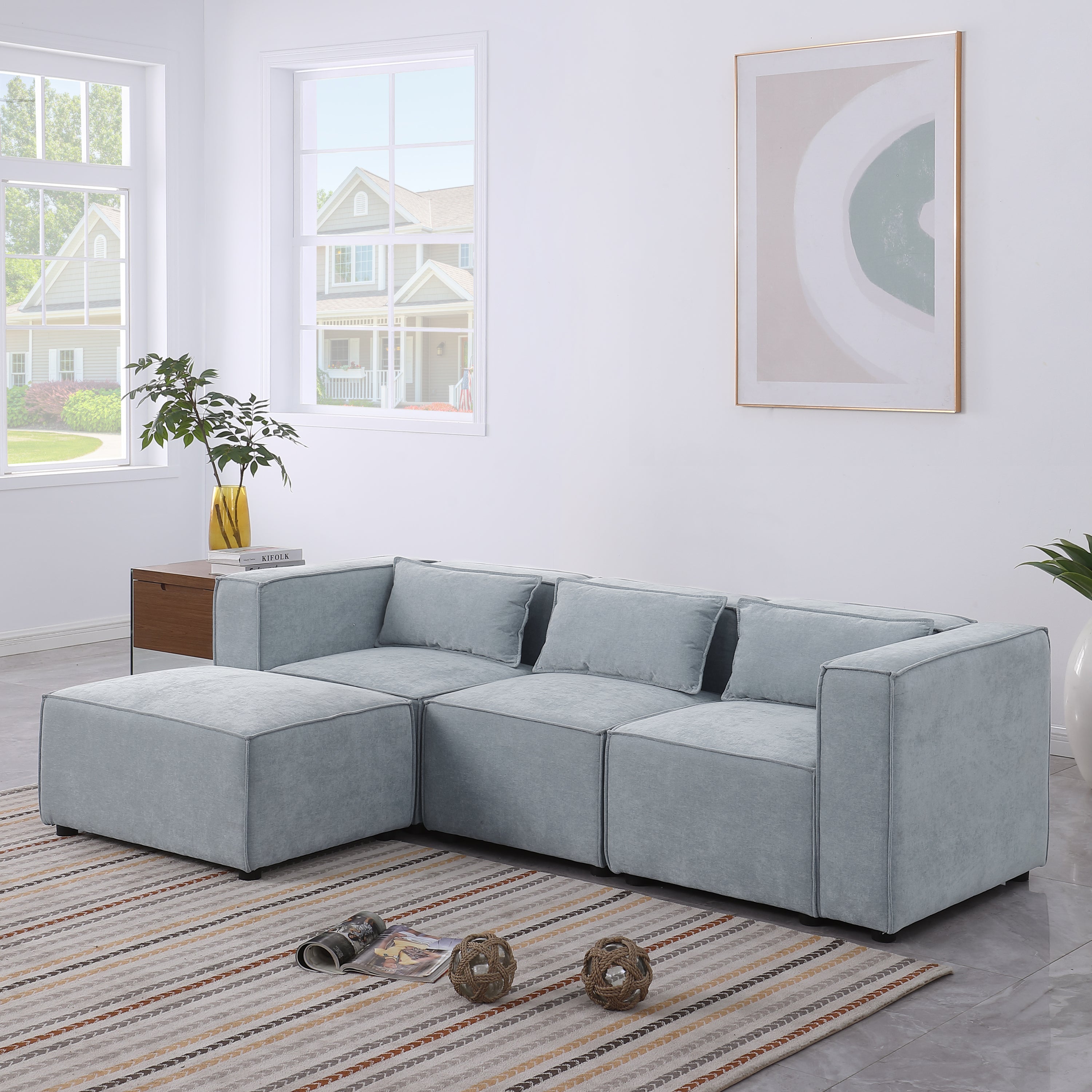 modular sofa Grayish blue  chenille fabric,  simple and grand, the seat and back is very soft. this is also a KNOCK DOWN sofa