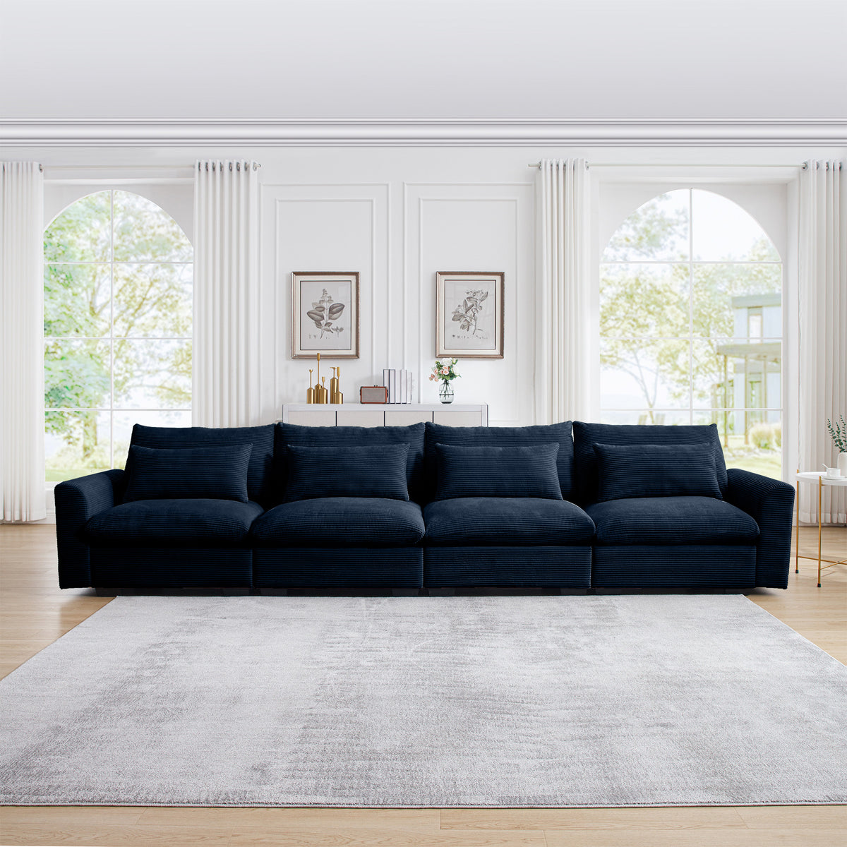 4 Seater Deep Seat Couches for Living Room, Comfy Blue Corduroy Sofas for Living Room Modern with 4 Waist Pillows