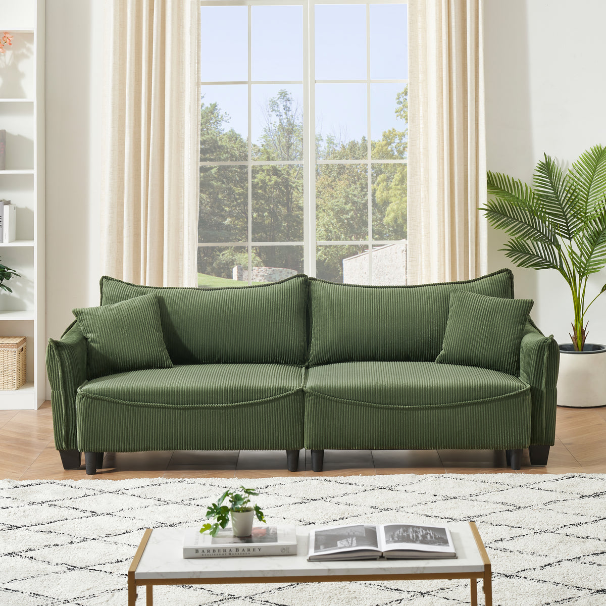 87.8" Green Corduroy Sofa Bed with Two Pillows - Ideal 3- Seater Design for Living Room